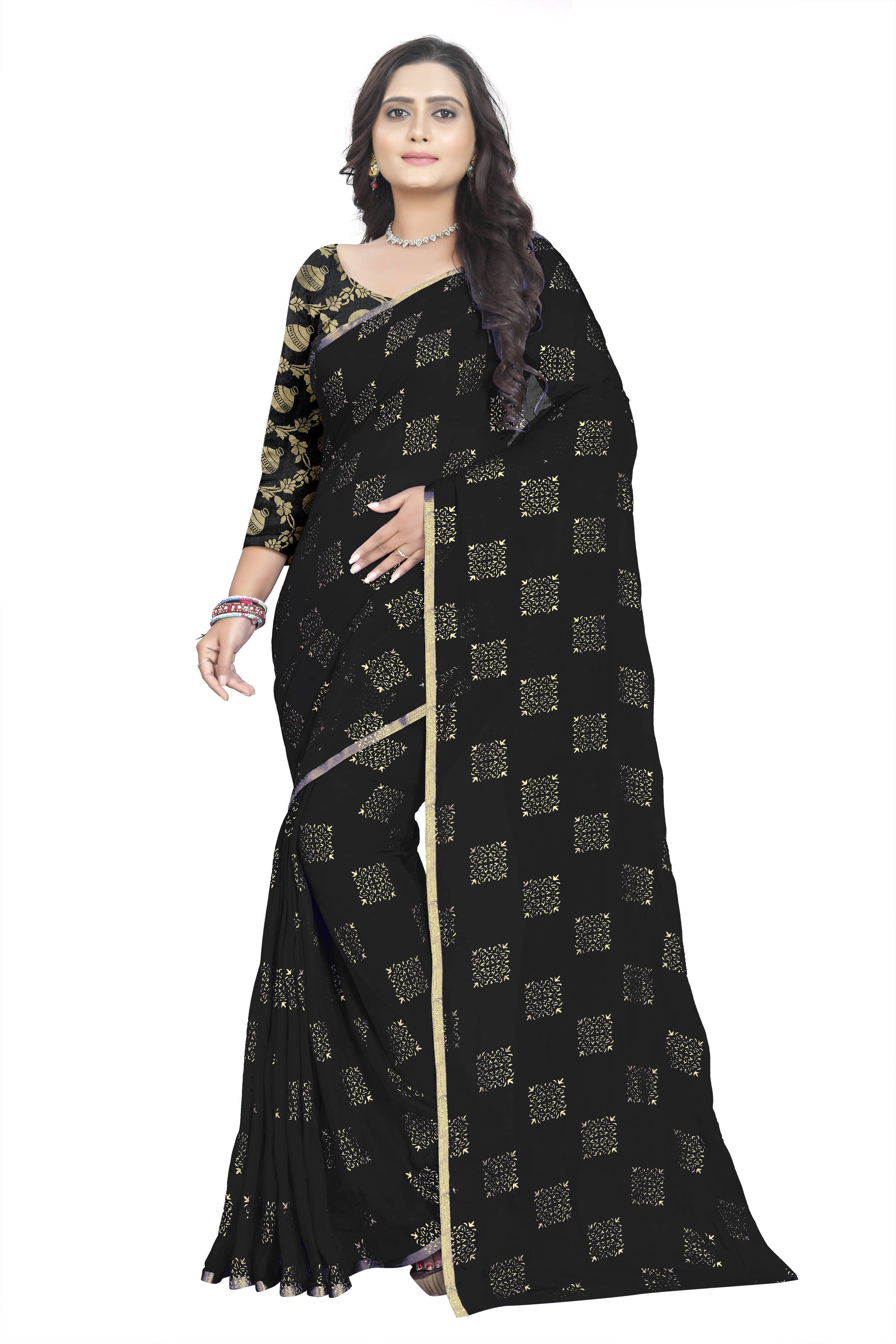     			RedFish Chiffon Woven Regular Saree With Unstitched Blouse Piece ( Black )