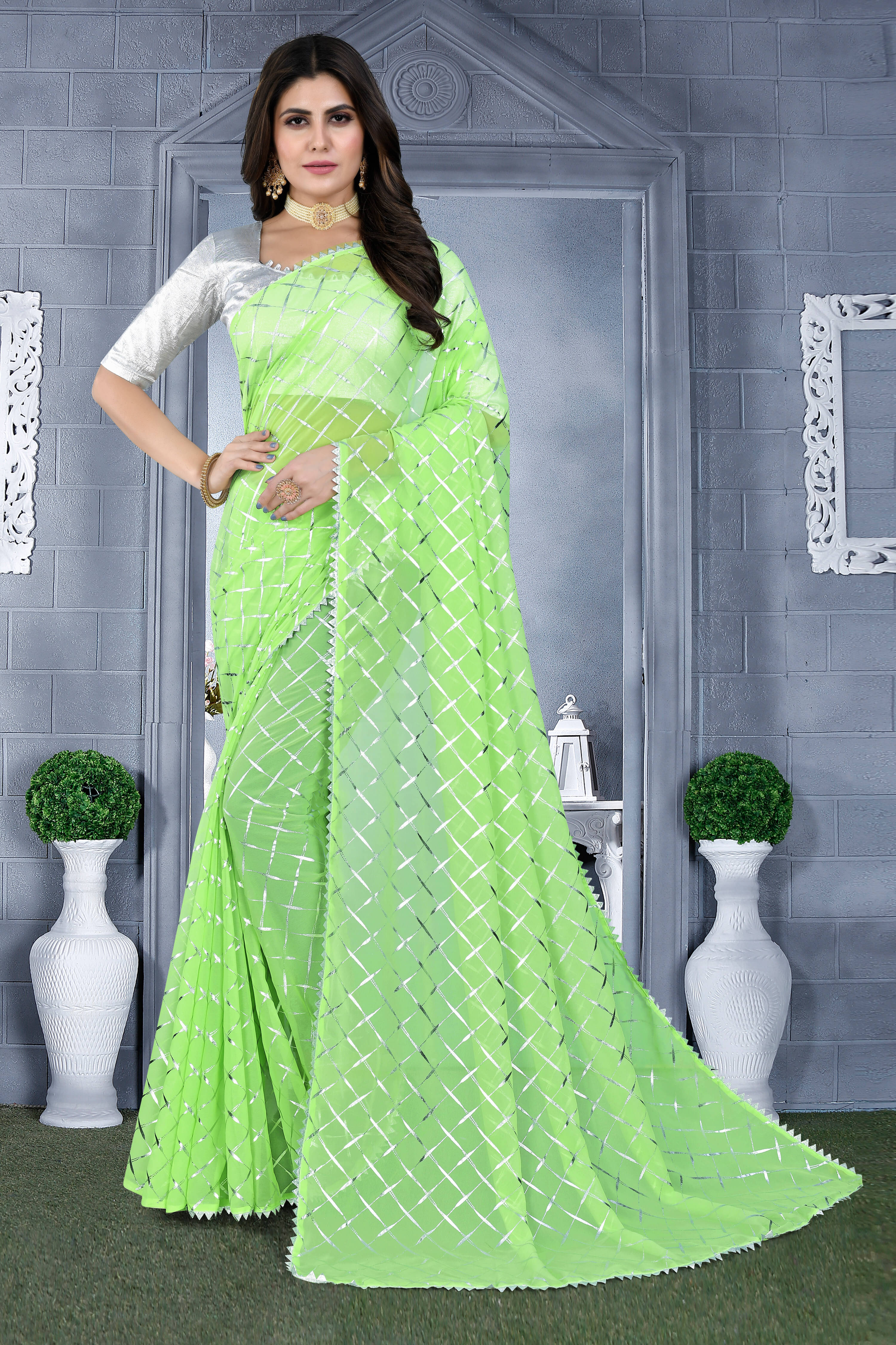     			RedFish Georgette Embellished Regular Saree With Unstitched Blouse Piece ( Light Green )