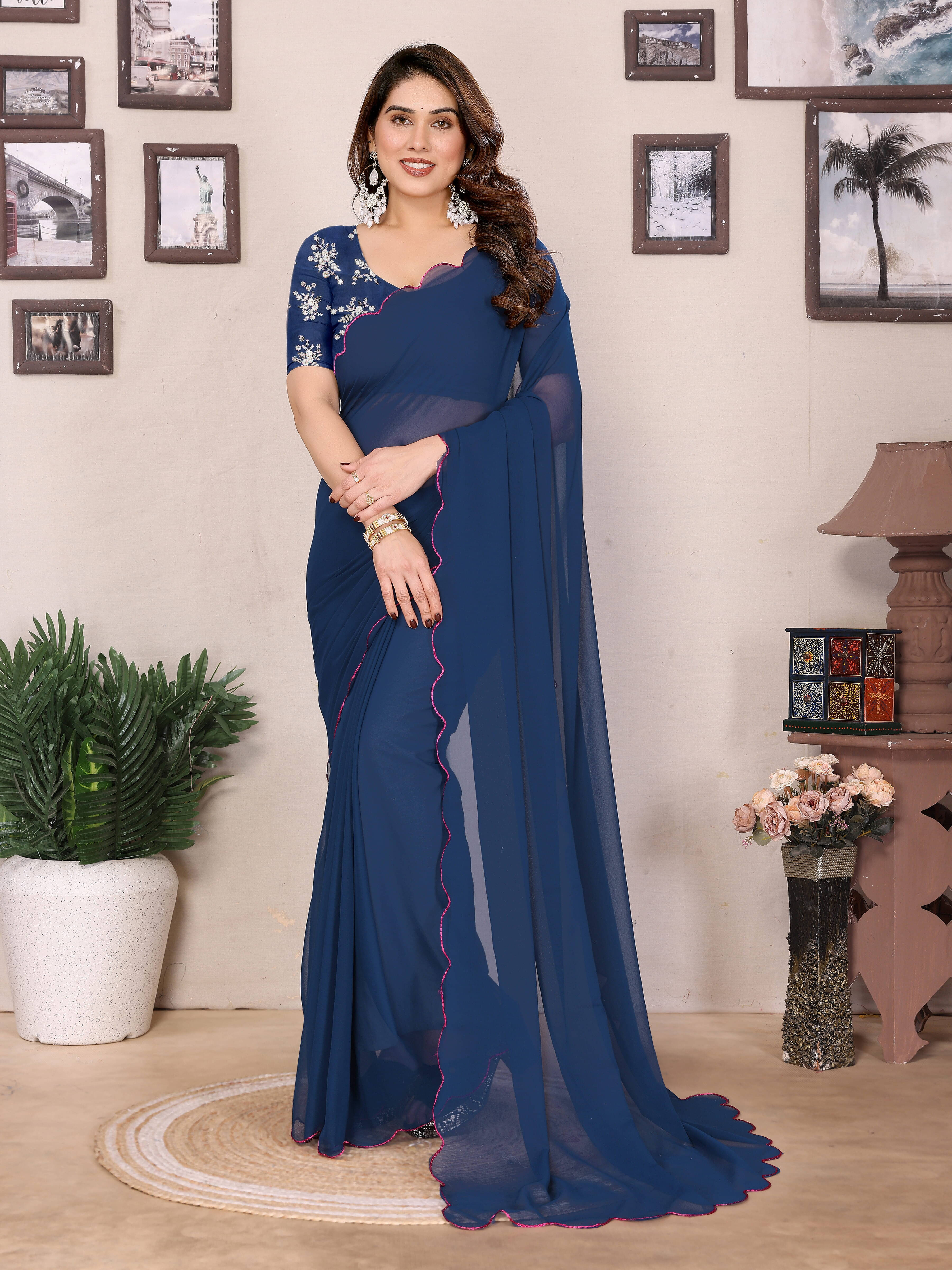     			RedFish Georgette Embroidered Regular Saree With Unstitched Blouse Piece ( Blue )