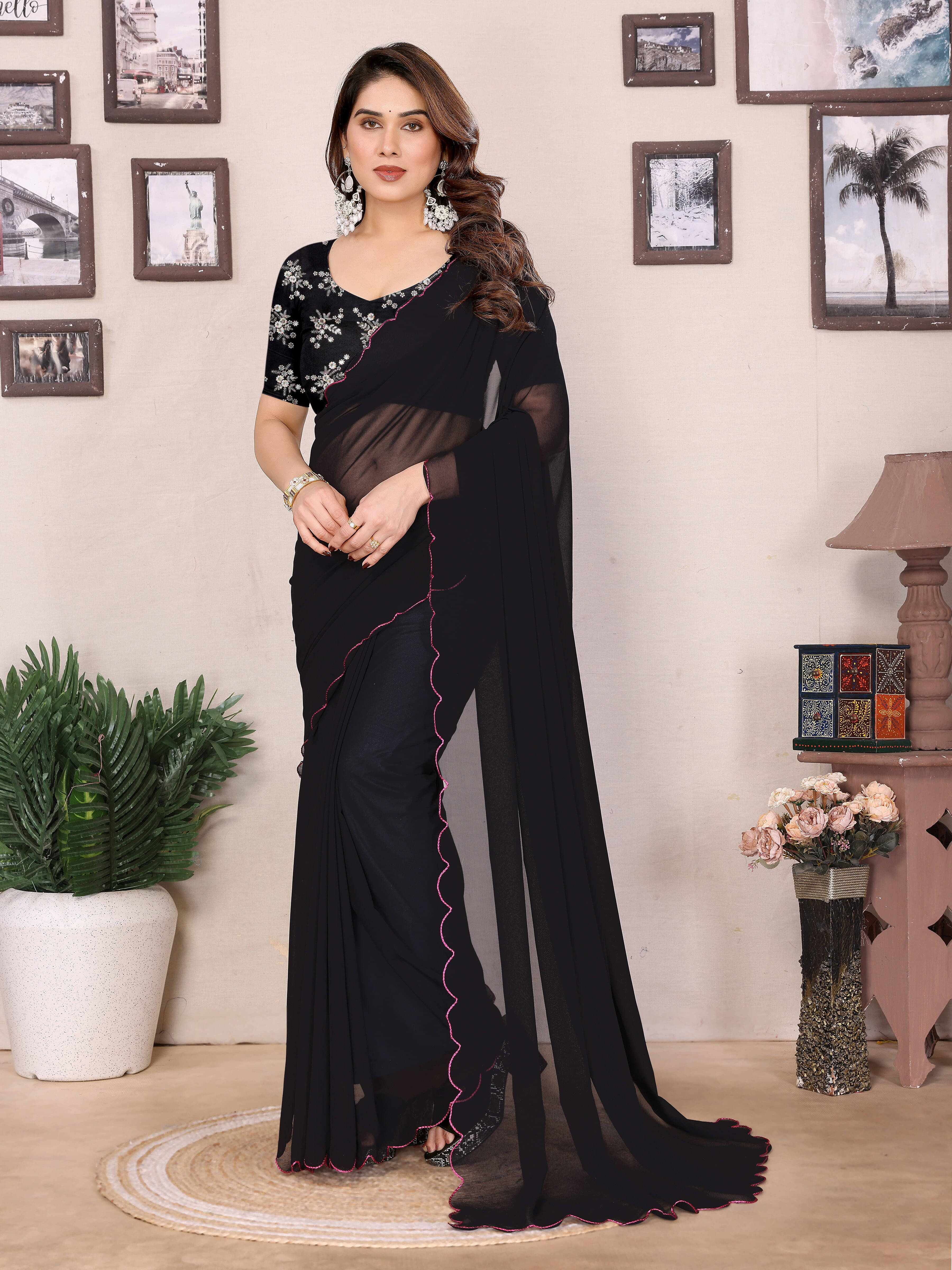     			RedFish Georgette Embroidered Regular Saree With Unstitched Blouse Piece ( Black )