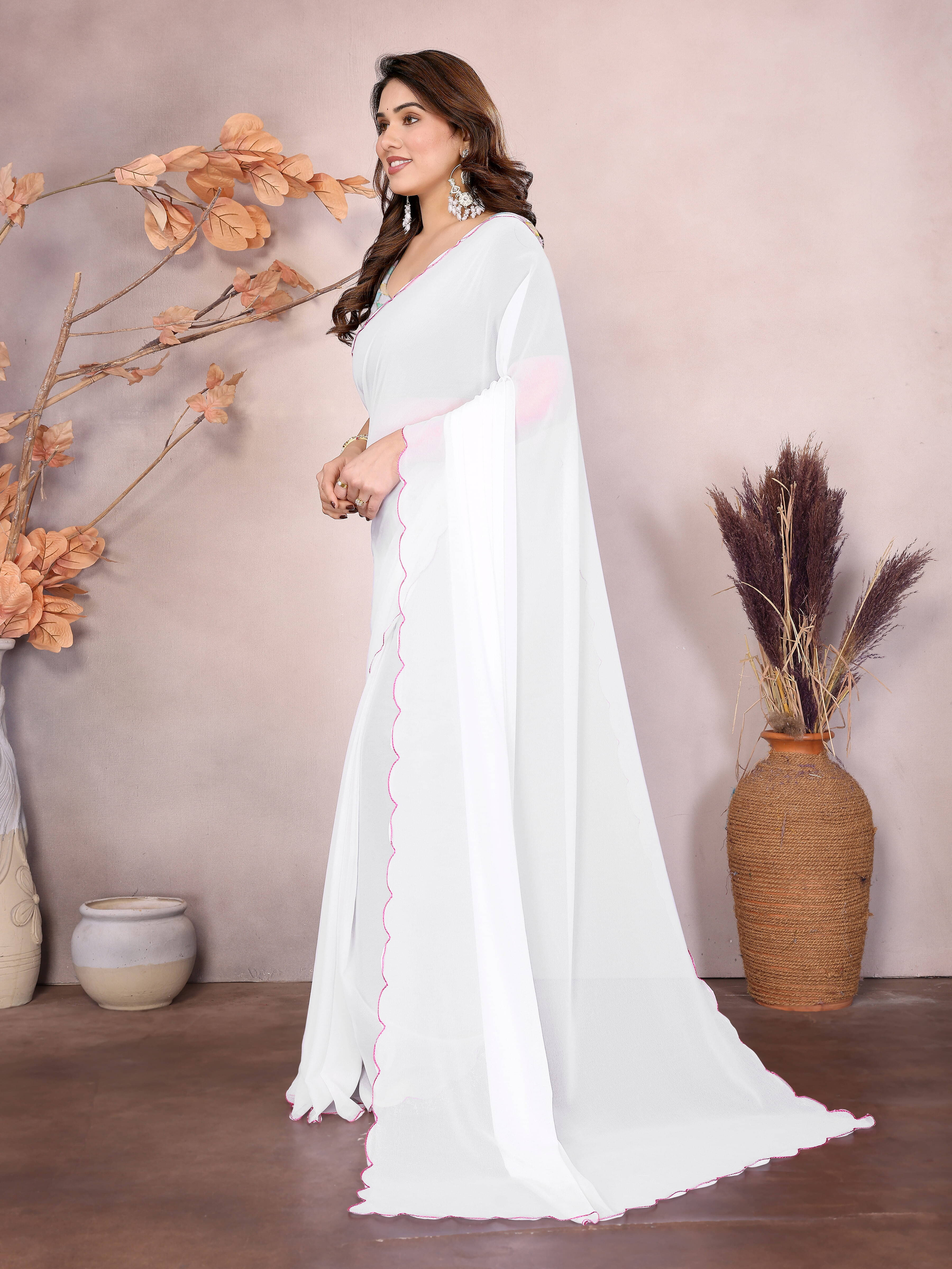 RedFish Georgette Embroidered Regular Saree With Unstitched Blouse Piece ( White ) RedFish Georgette Embroidered Regular Saree With Unstitched Blouse Piece ( White )