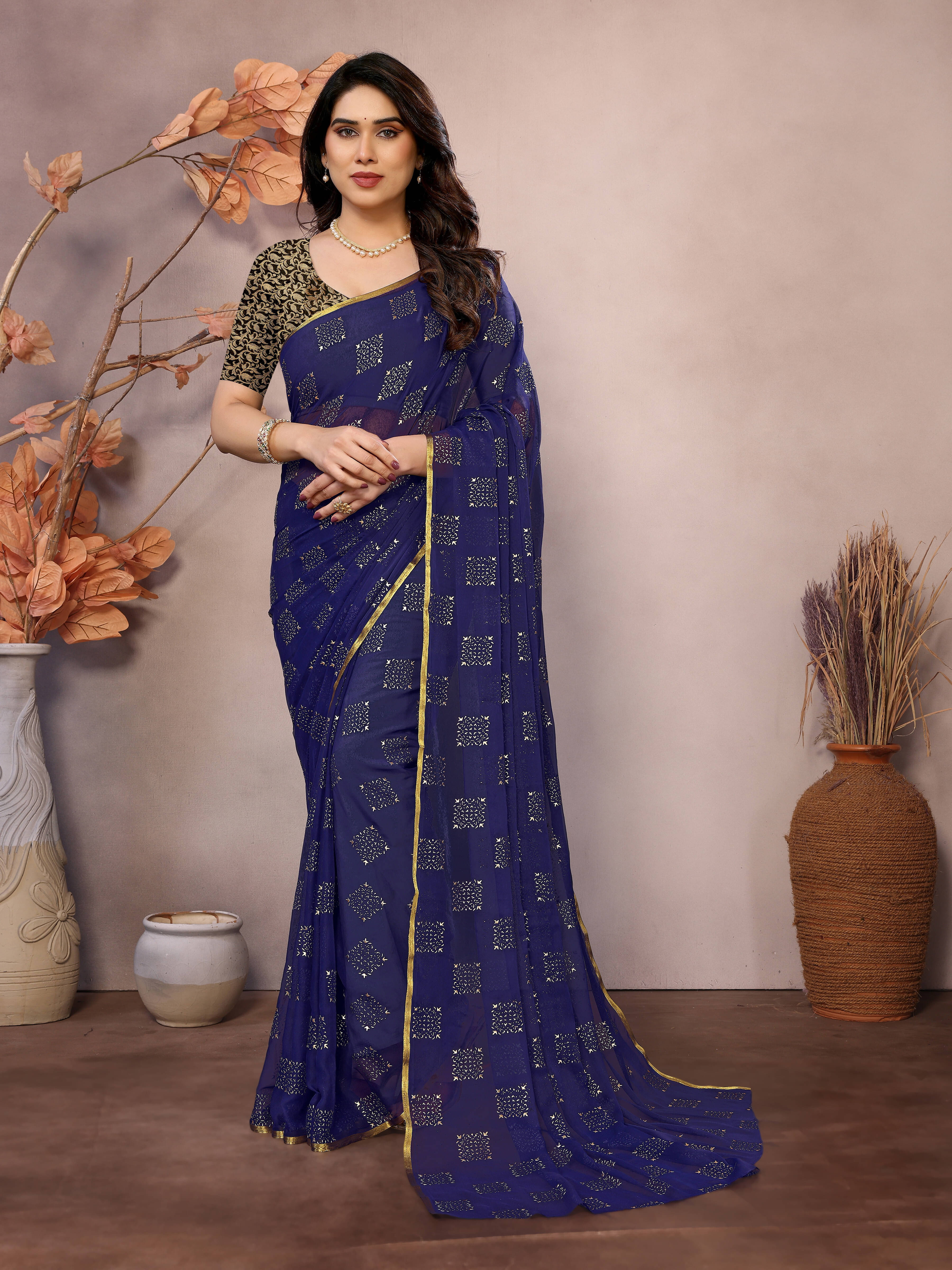     			RedFish Georgette Printed Regular Saree With Unstitched Blouse Piece ( Navy Blue )