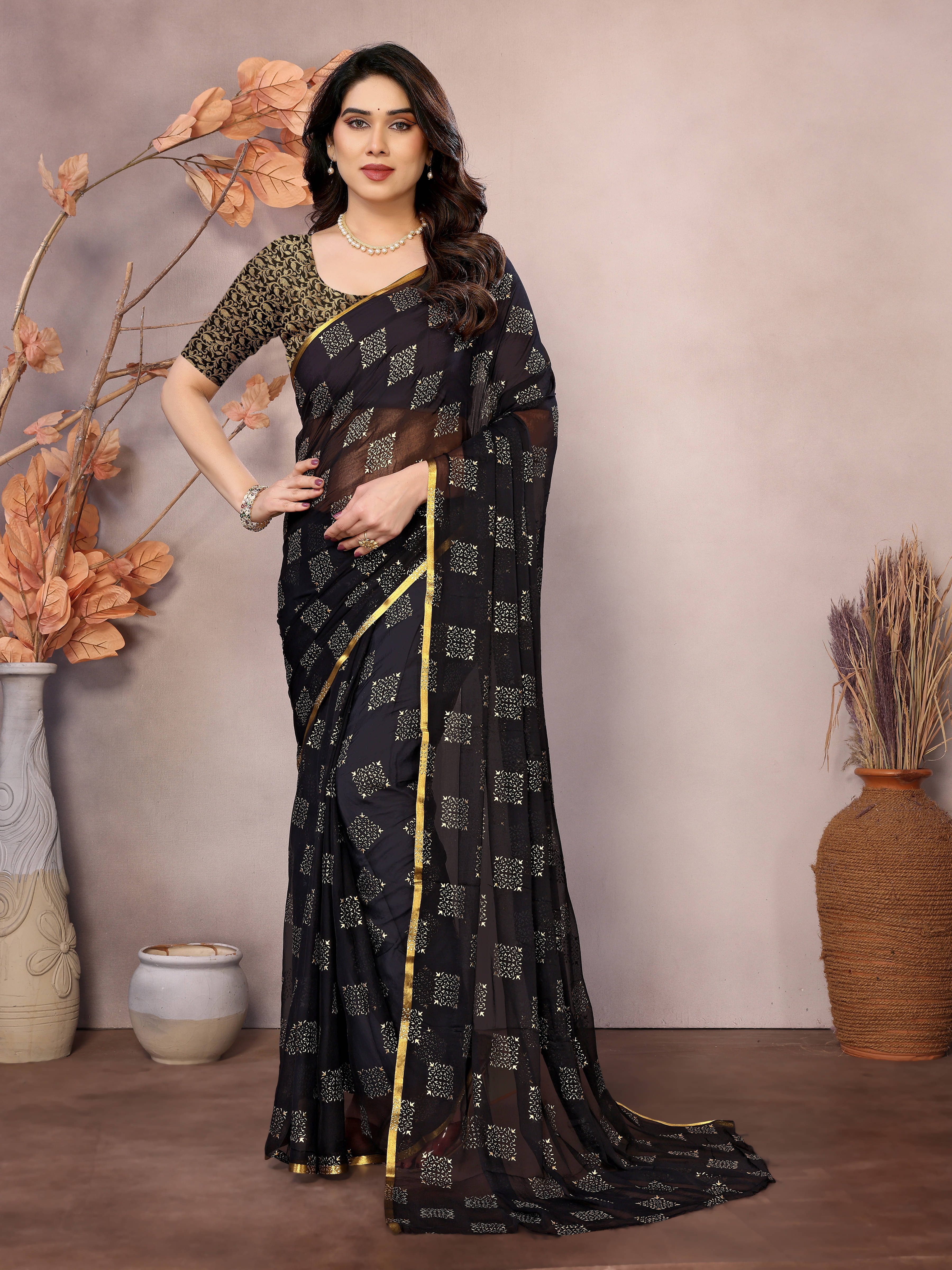 RedFish Georgette Printed Regular Saree With Unstitched Blouse Piece ( Black ) RedFish Georgette Printed Regular Saree With Unstitched Blouse Piece ( Black )