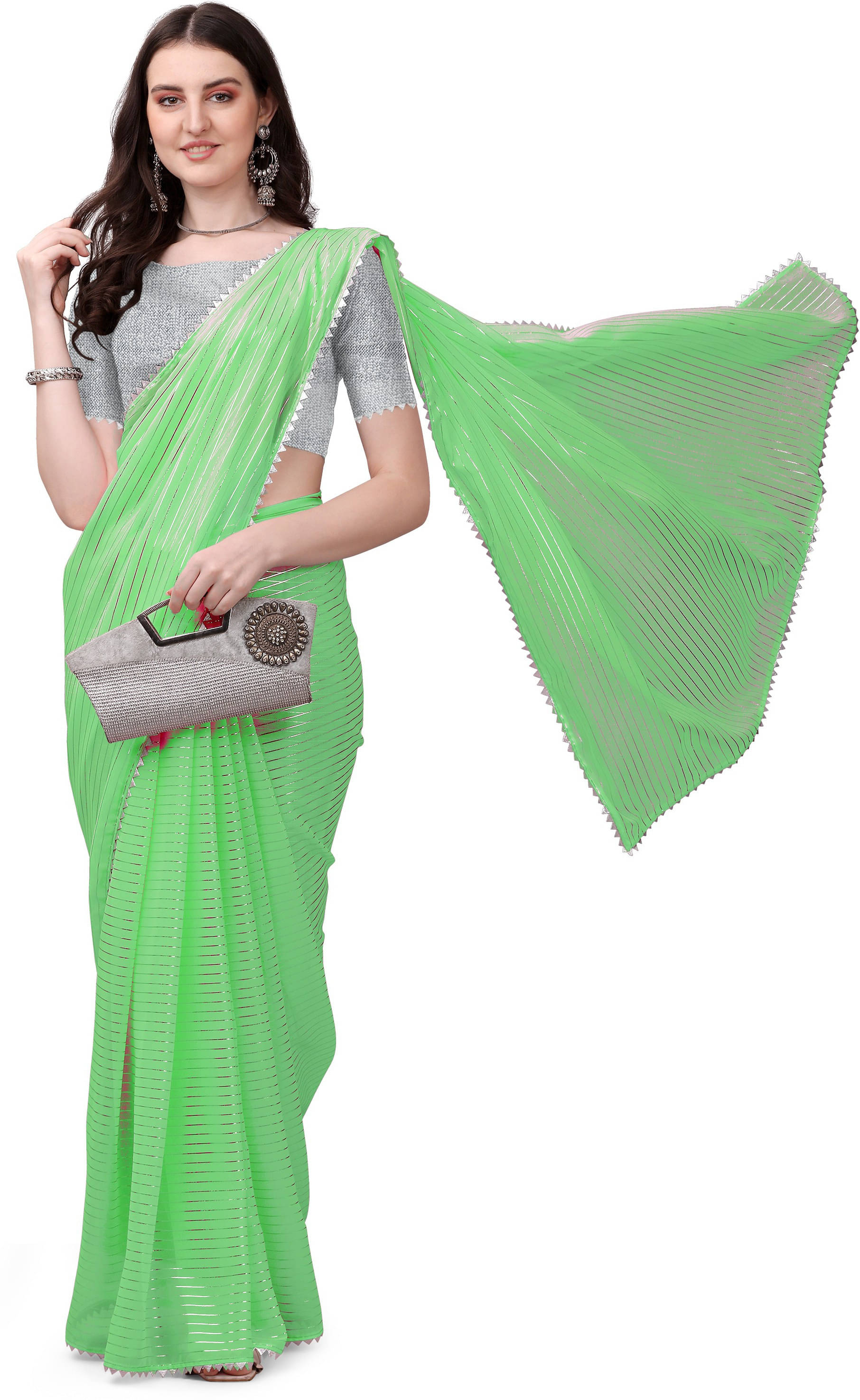 RedFish Georgette Printed Regular Saree With Unstitched Blouse Piece ( Light Green ) RedFish Georgette Printed Regular Saree With Unstitched Blouse Piece ( Light Green )