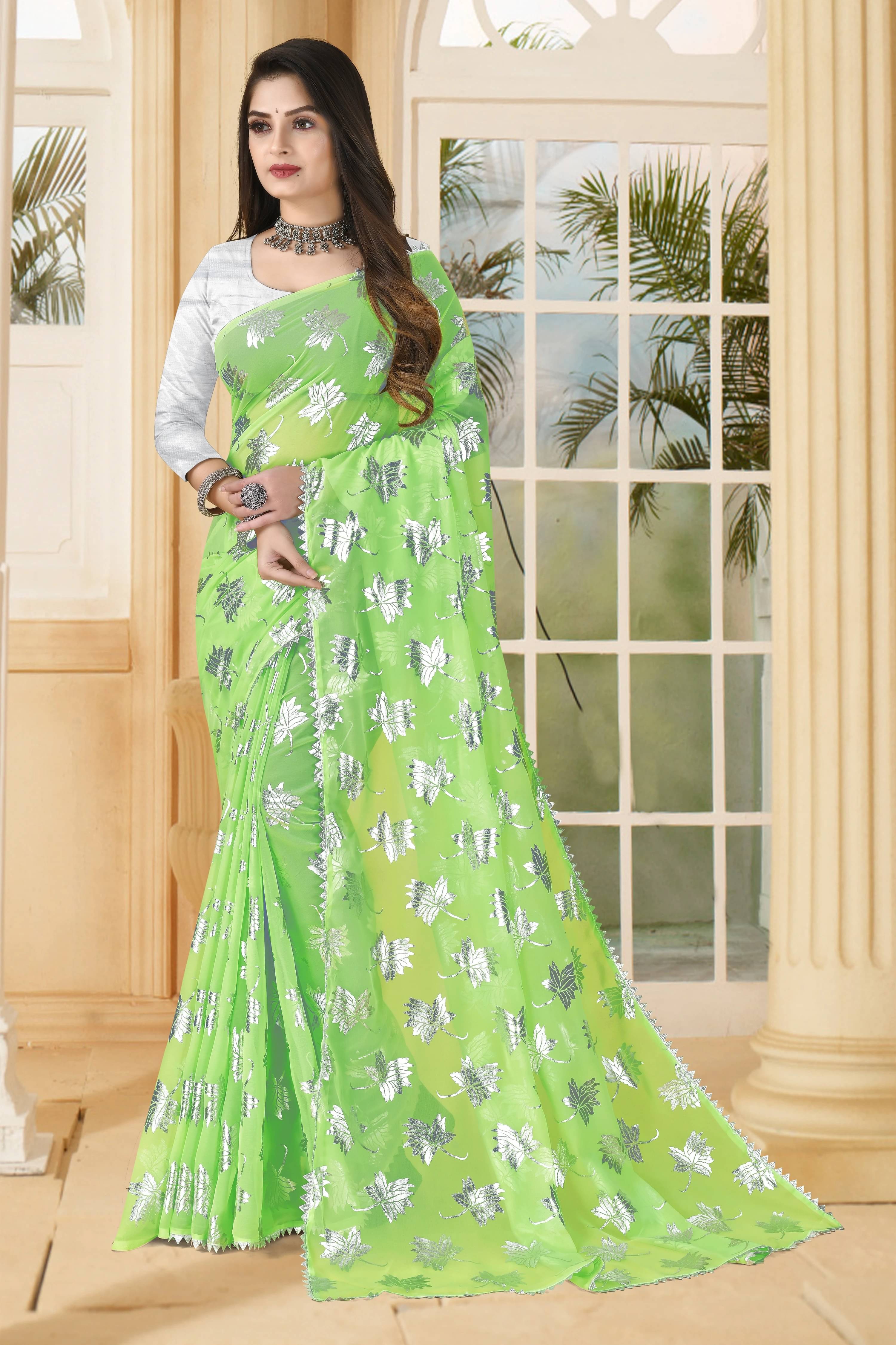 RedFish Georgette Printed Regular Saree With Unstitched Blouse Piece ( Light Green ) RedFish Georgette Printed Regular Saree With Unstitched Blouse Piece ( Light Green )