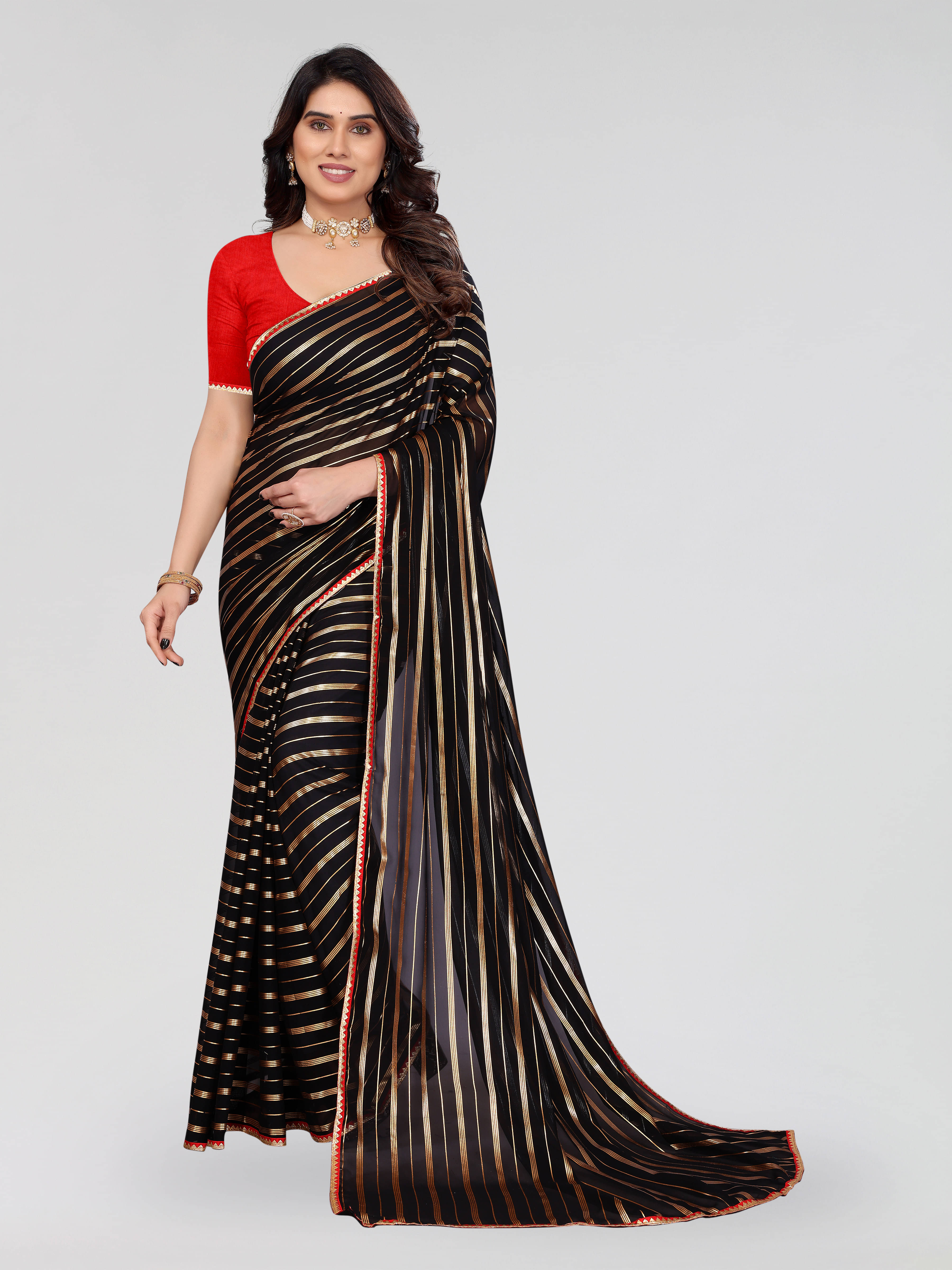 RedFish Georgette Striped Regular Saree With Unstitched Blouse Piece ( Black ) RedFish Georgette Striped Regular Saree With Unstitched Blouse Piece ( Black )