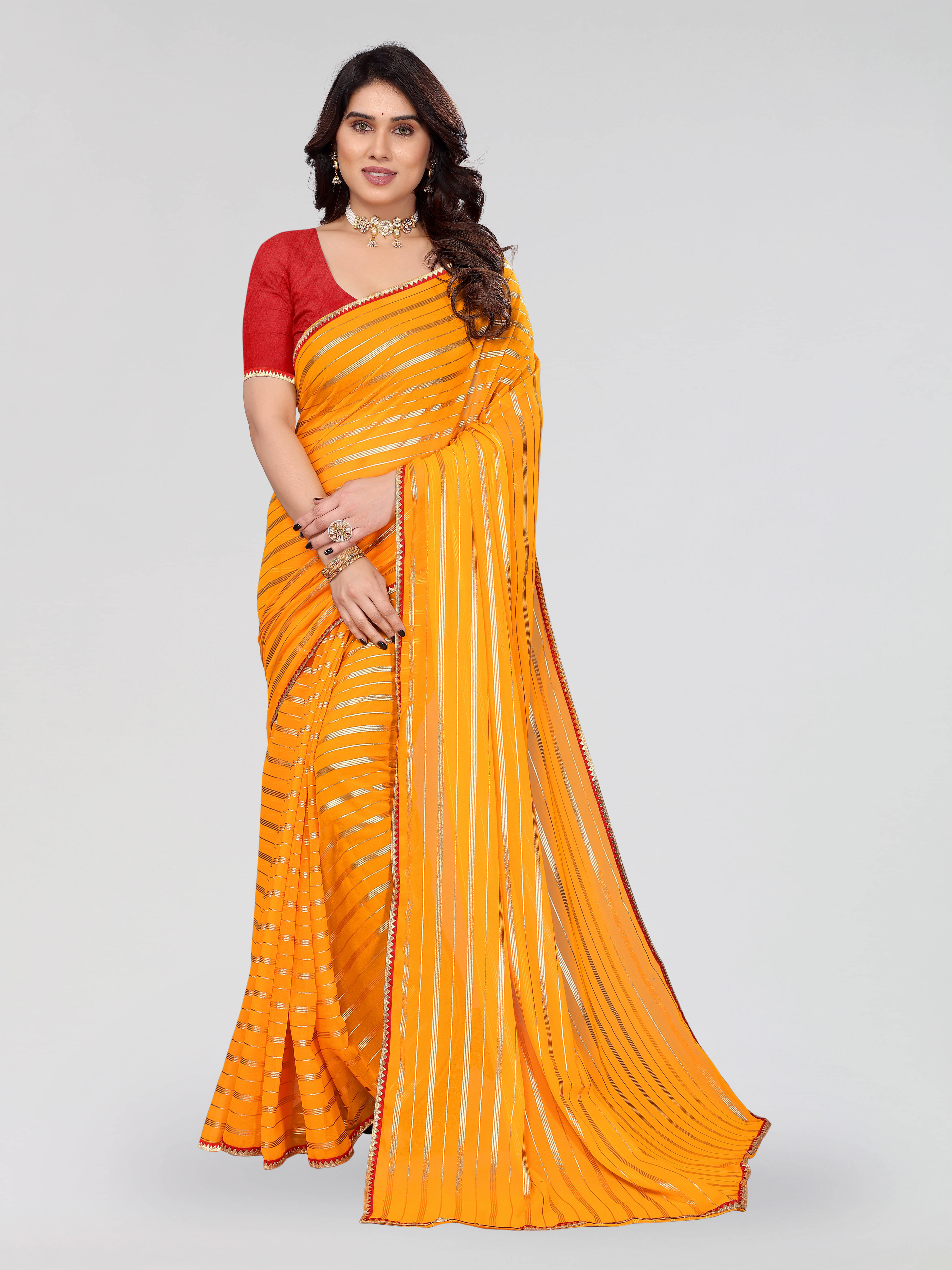     			RedFish Georgette Striped Regular Saree With Unstitched Blouse Piece ( Yellow )