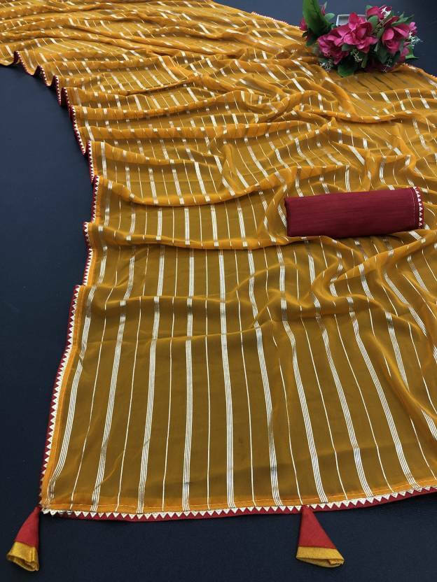 RedFish Georgette Striped Regular Saree With Unstitched Blouse Piece ( Yellow ) RedFish Georgette Striped Regular Saree With Unstitched Blouse Piece ( Yellow )