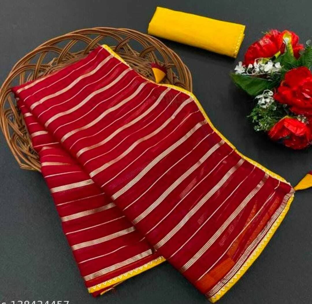 RedFish Georgette Striped Regular Saree With Unstitched Blouse Piece ( Red ) RedFish Georgette Striped Regular Saree With Unstitched Blouse Piece ( Red )