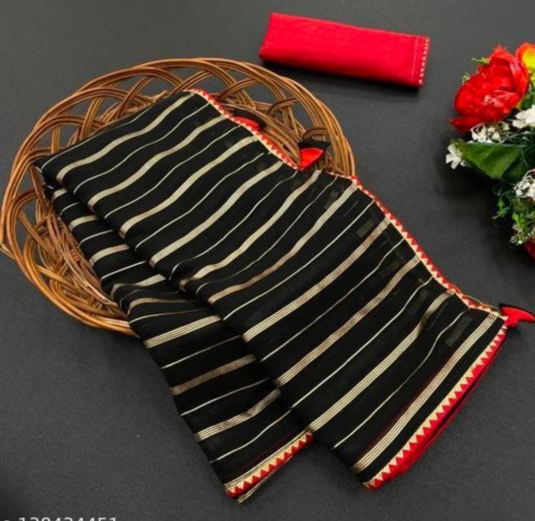     			RedFish Georgette Striped Regular Saree With Unstitched Blouse Piece ( Black )