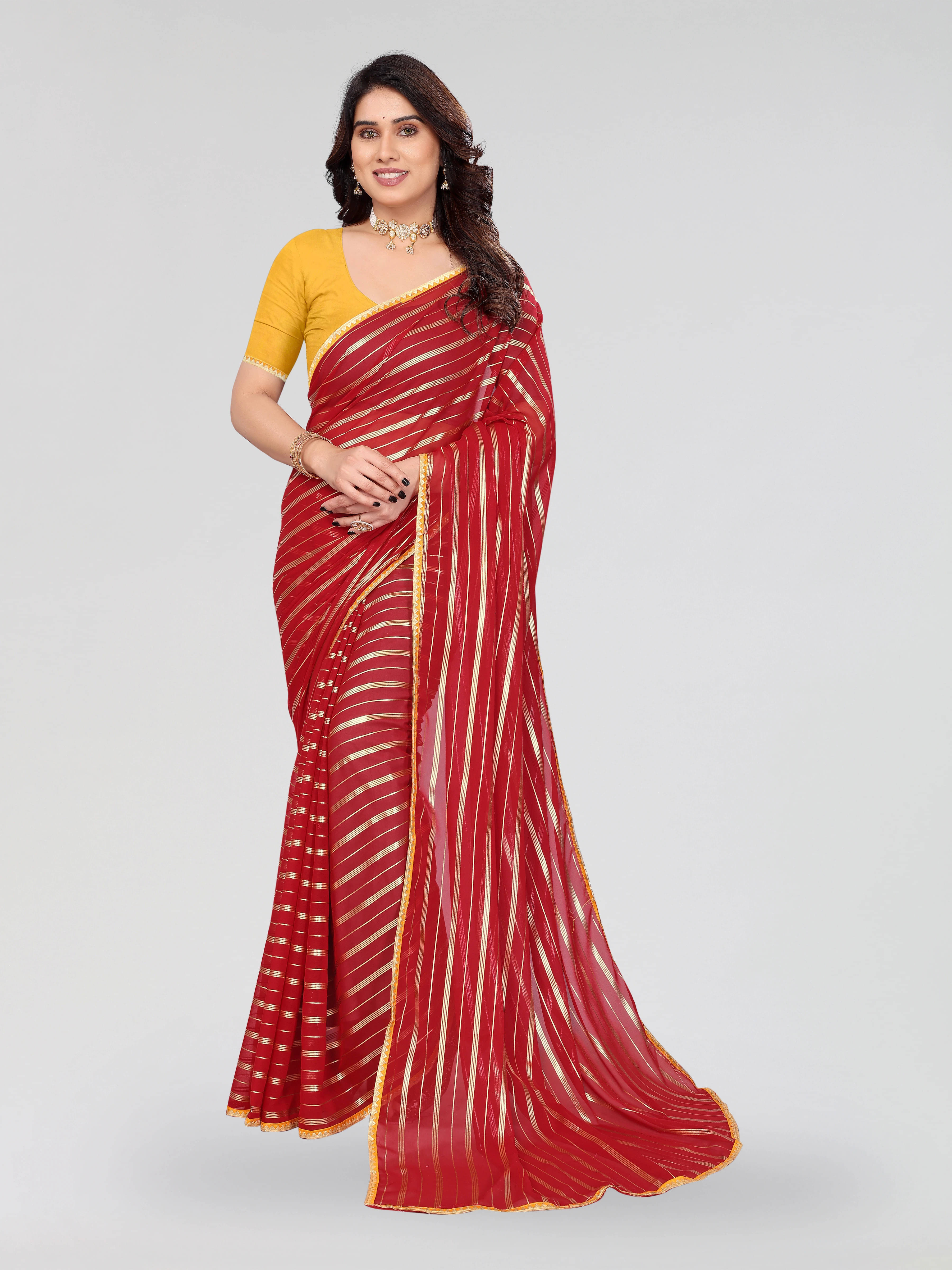 RedFish Georgette Striped Regular Saree With Unstitched Blouse Piece ( Red ) RedFish Georgette Striped Regular Saree With Unstitched Blouse Piece ( Red )