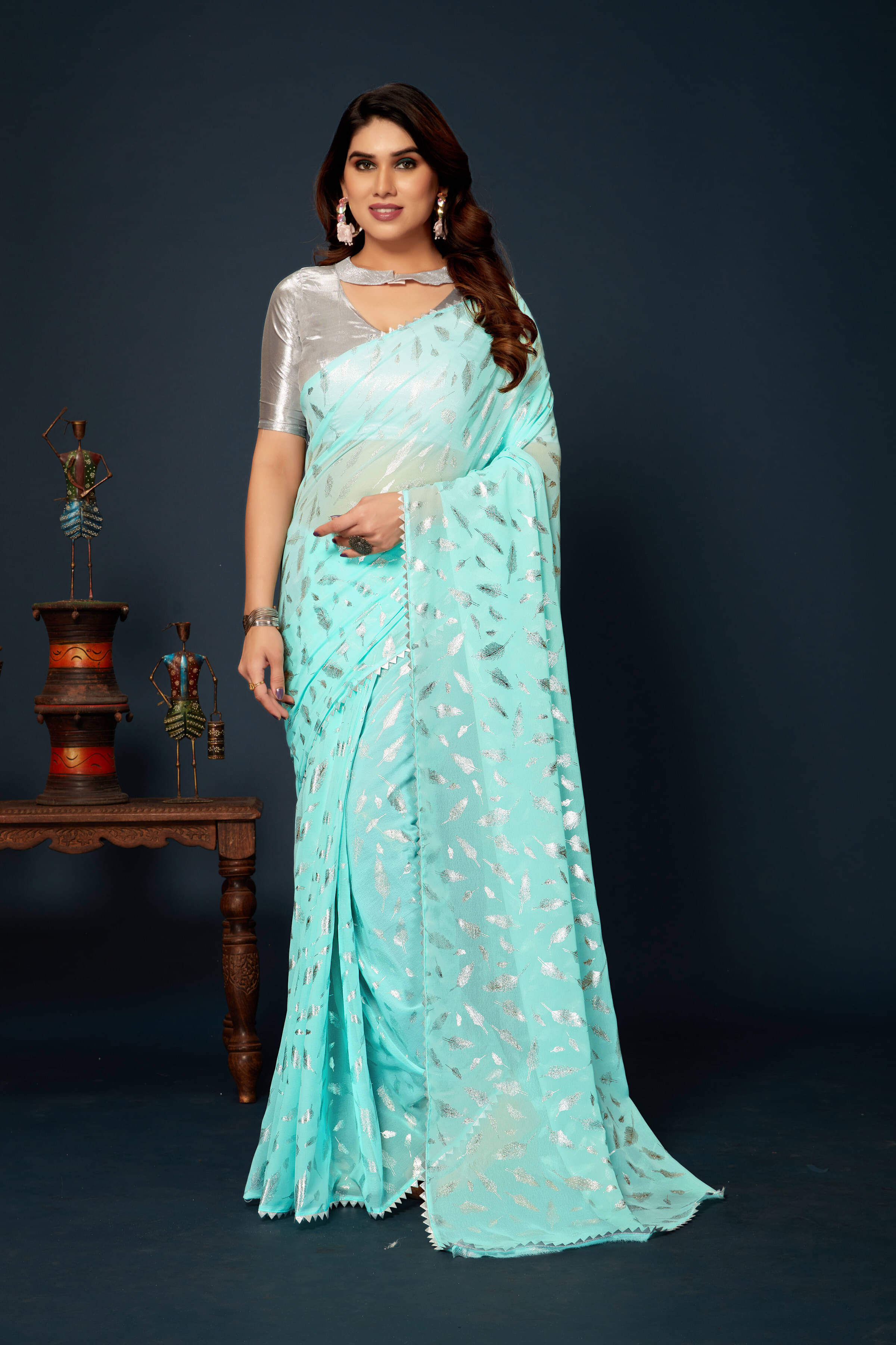     			RedFish Lycra Self Design Regular Saree With Unstitched Blouse Piece ( Light Blue )