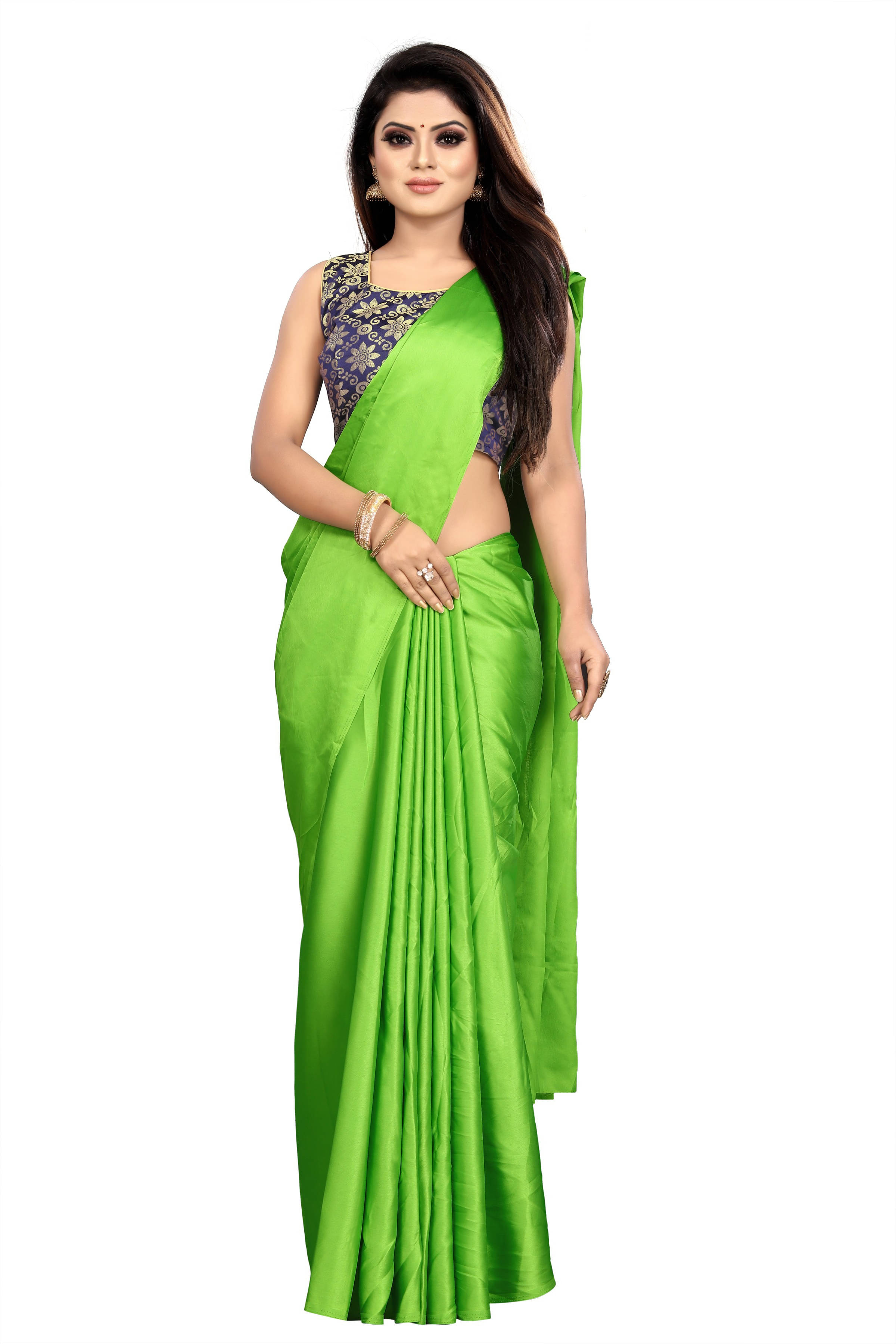RedFish Satin Solid Regular Saree With Unstitched Blouse Piece ( Green ) RedFish Satin Solid Regular Saree With Unstitched Blouse Piece ( Green )