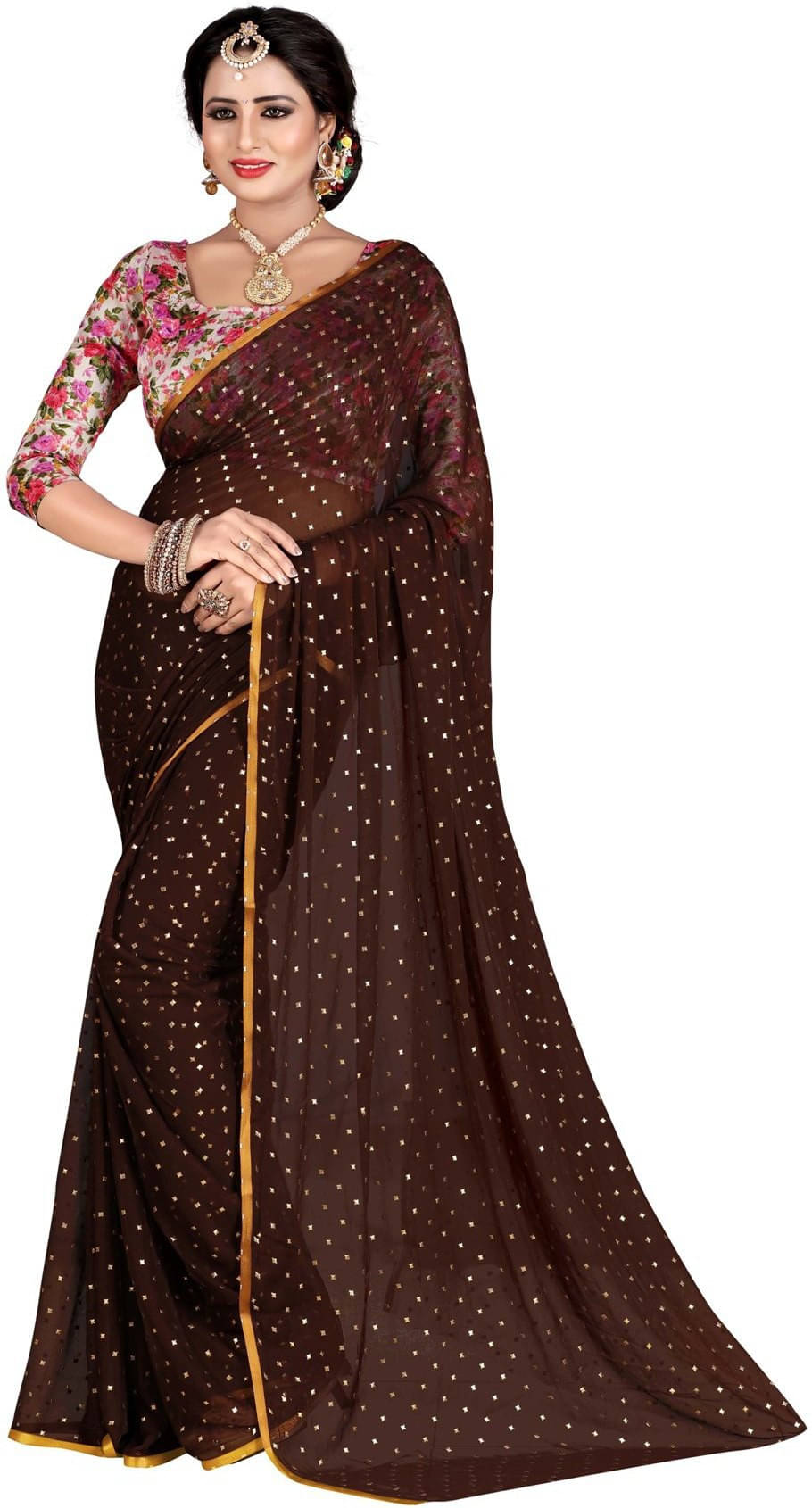 RedFish Silk Blend Printed Regular Saree With Unstitched Blouse Piece ( Brown ) RedFish Silk Blend Printed Regular Saree With Unstitched Blouse Piece ( Brown )