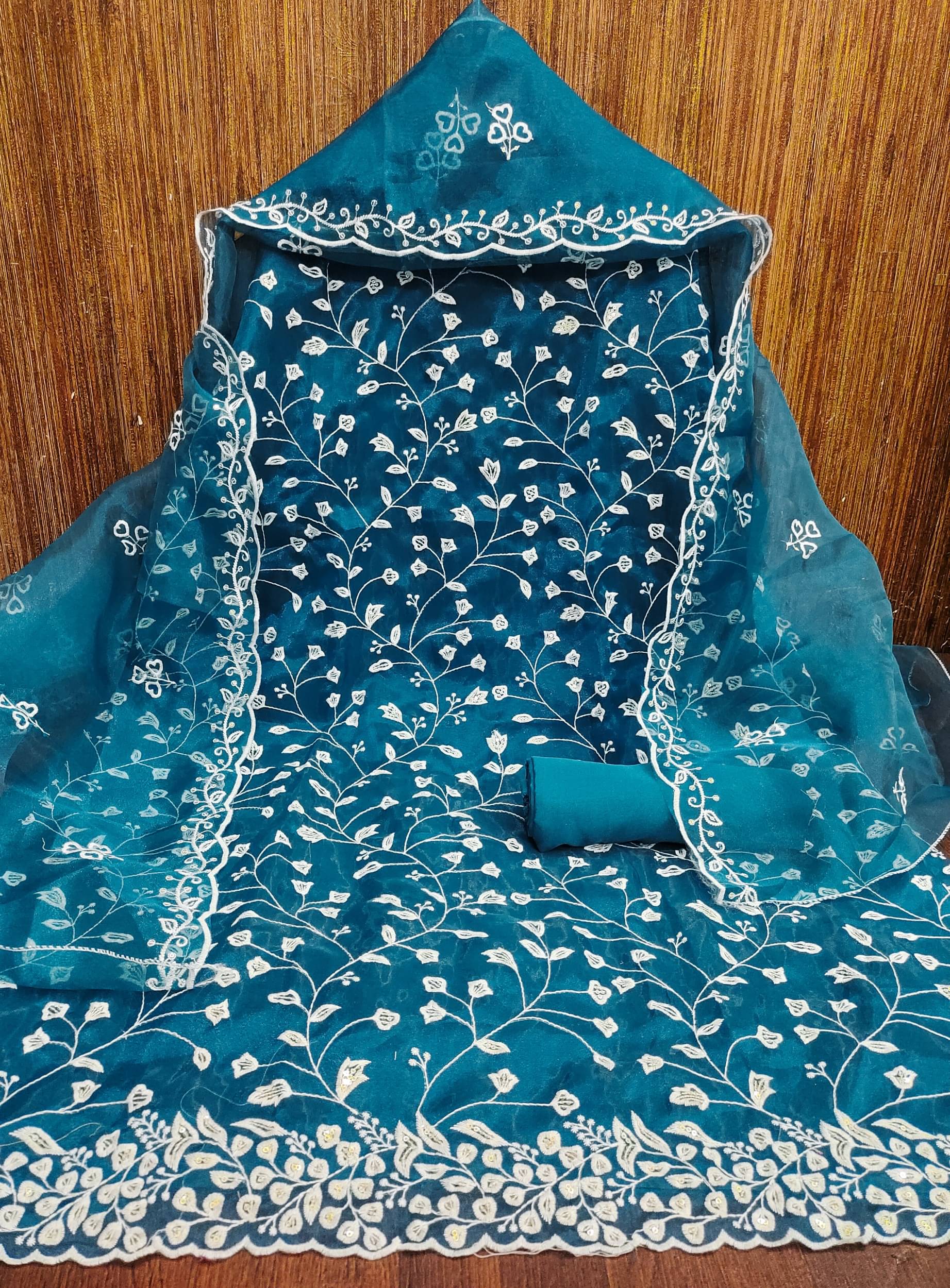 Shree Mahantam Women Organza Unstitched Dress Material ( Teal )     			Shree Mahantam Women Organza Unstitched Dress Material ( Teal )