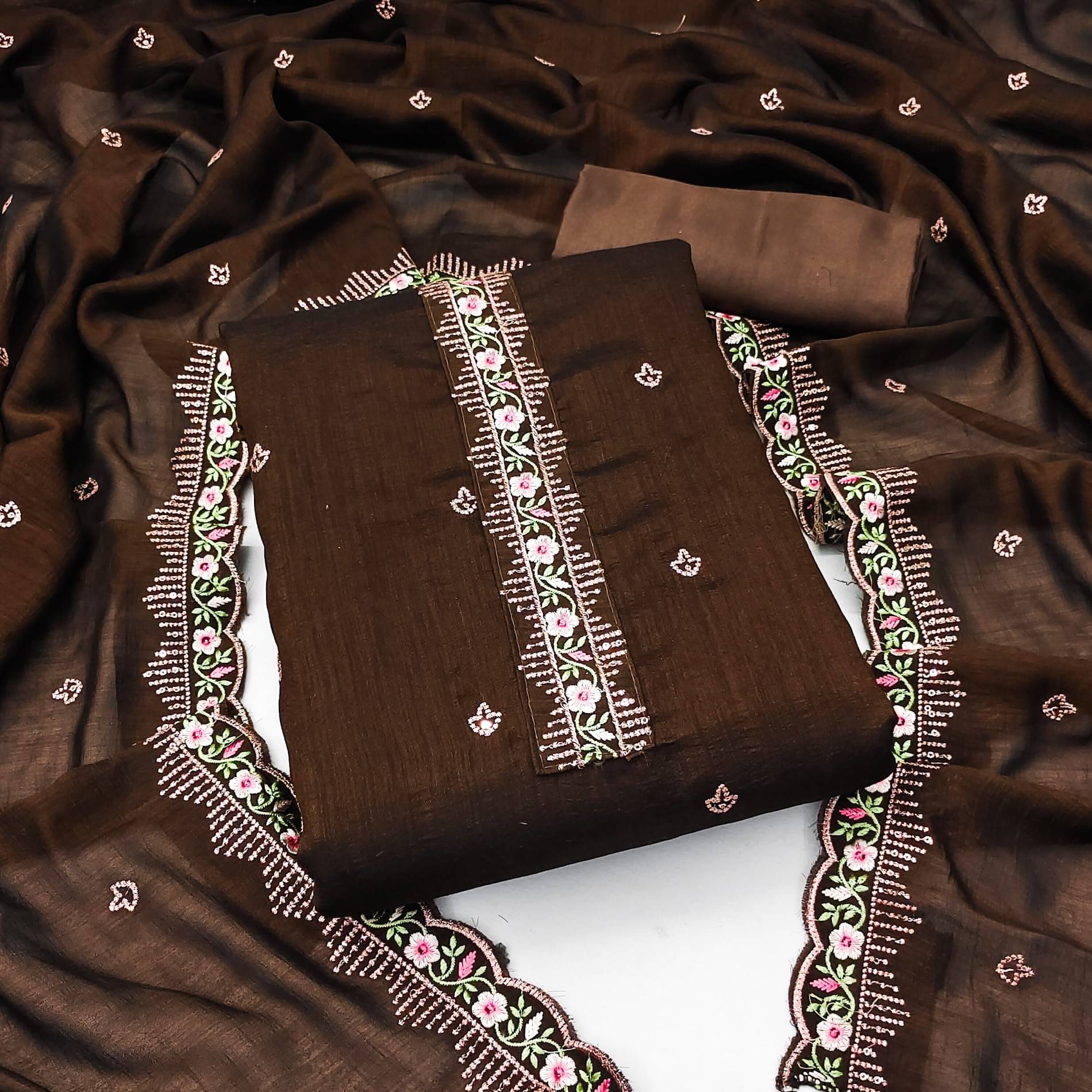 Shree Mahantam Women Silk Unstitched Dress Material ( Brown )     			Shree Mahantam Women Silk Unstitched Dress Material ( Brown )