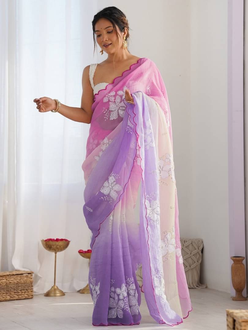     			Shree Sai Enterprise Georgette Embellished Mysore Silk Sarees With Stitched Blouse ( Lavender )