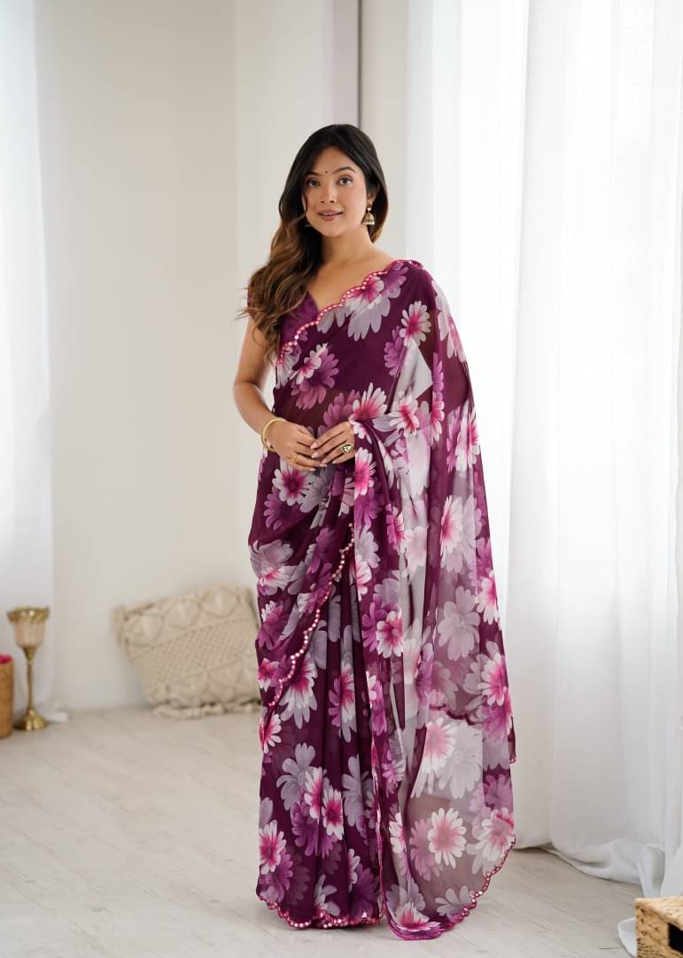     			Shree Sai Enterprise Georgette Embroidered Mysore Silk Sarees With Stitched Blouse ( Purple )