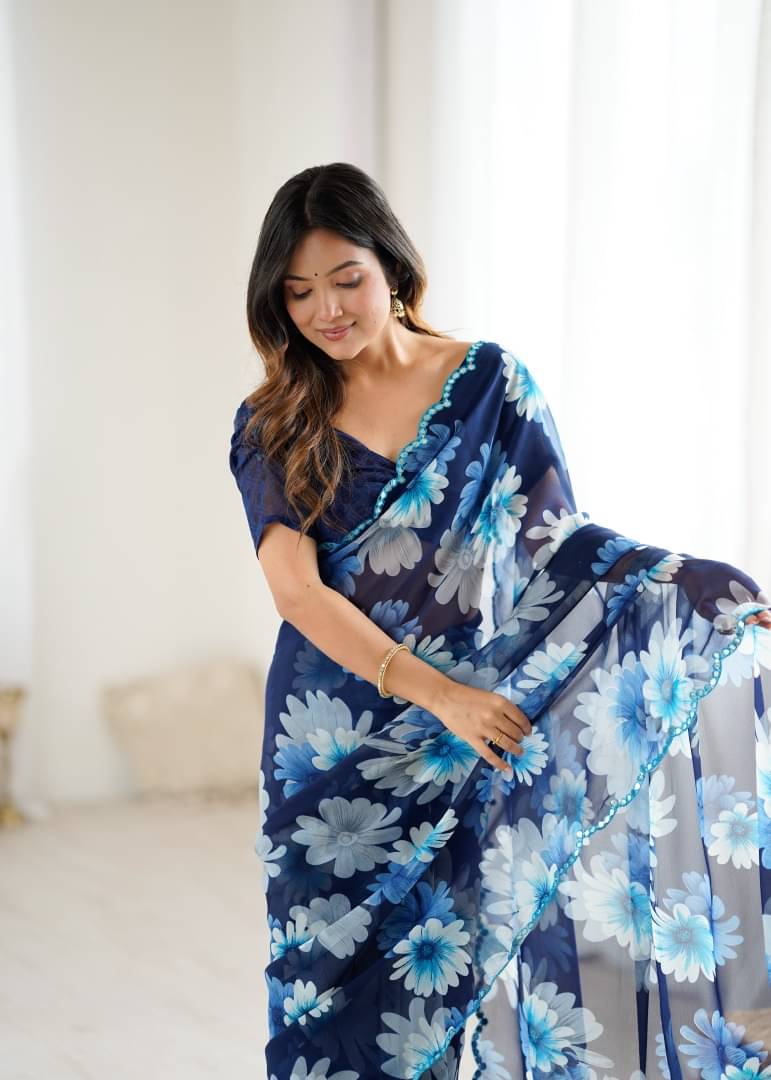     			Shree Sai Enterprise Georgette Embroidered Mysore Silk Sarees With Stitched Blouse ( Blue )