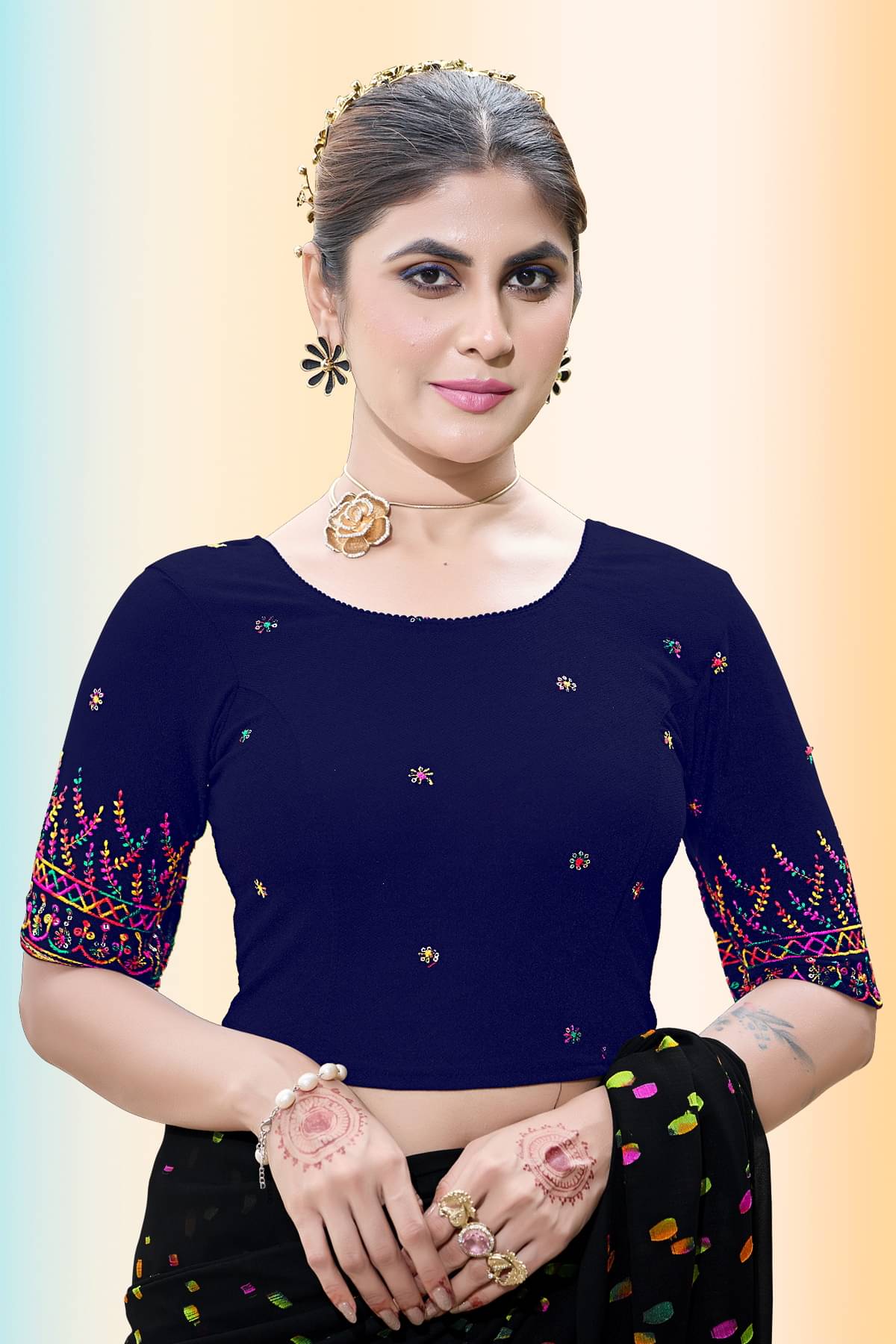 TANISHAM FEB TEX Navy Blue Readymade without Pad Cotton Blend Women's Blouse ( Pack of 1 ) TANISHAM FEB TEX Navy Blue Readymade without Pad Cotton Blend Women's Blouse ( Pack of 1 )