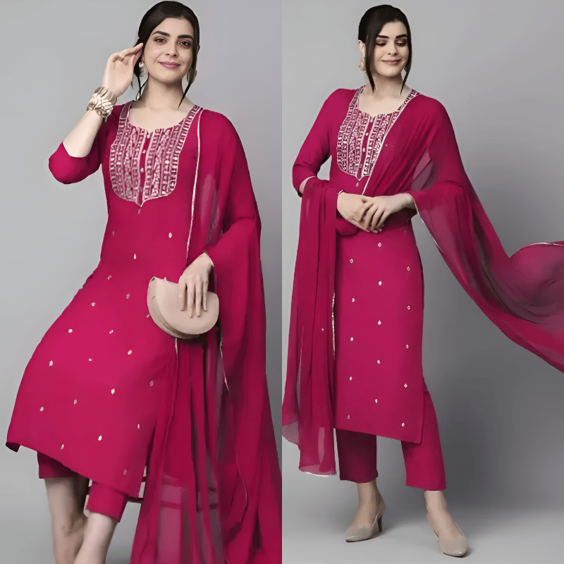     			TRIONZA Women Rayon Embroidered A-line Kurti With Pants ( Pink )