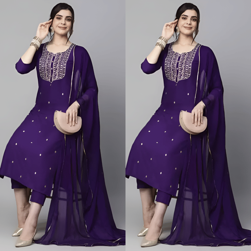     			TRIONZA Women Rayon Embroidered A-line Kurti With Pants ( Purple )