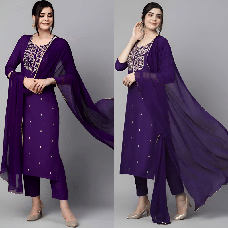     			TRIONZA Women Rayon Embroidered A-line Kurti With Pants ( Purple )