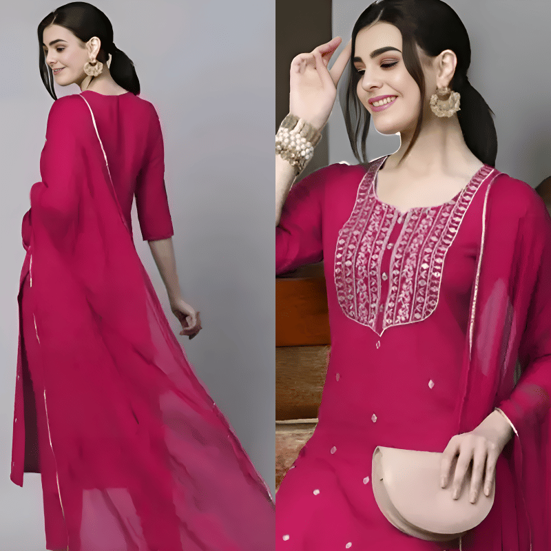     			TRIONZA Women Rayon Embroidered A-line Kurti With Pants ( Pink )