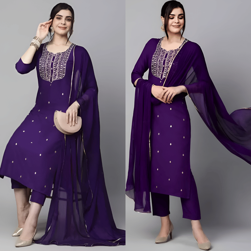     			TRIONZA Women Rayon Embroidered A-line Kurti With Pants ( Purple )