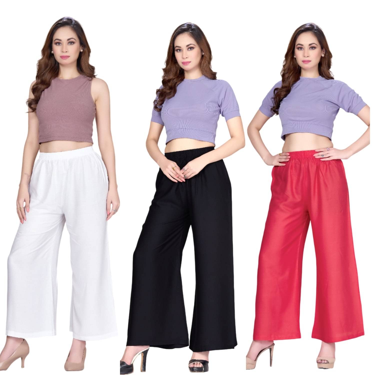 Tritara Pack of 3 Rayon Flared Women's Palazzos ( Black,White,Coral ) Tritara Pack of 3 Rayon Flared Women's Palazzos ( Black,White,Coral )