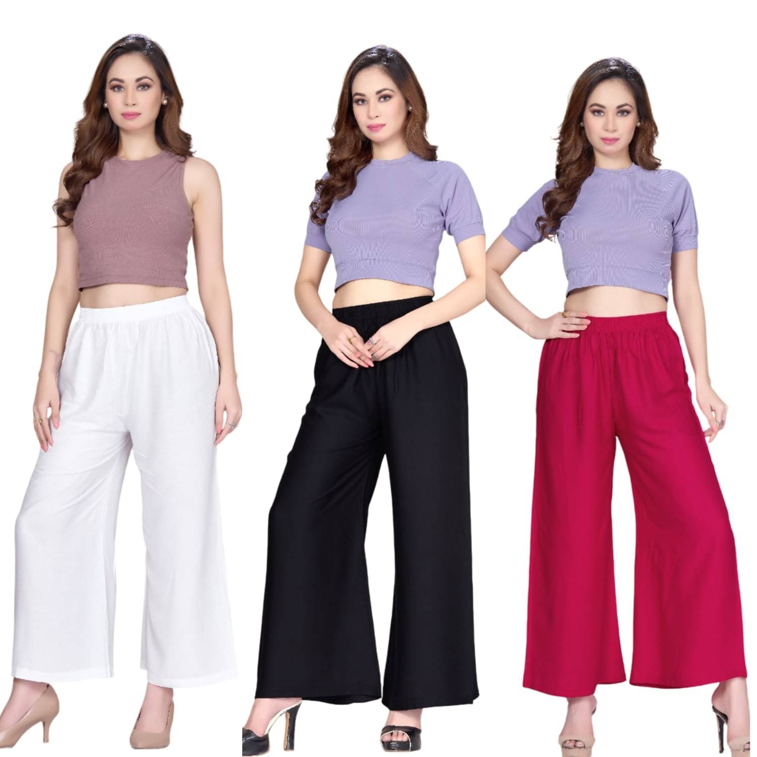    			Tritara Pack of 3 Rayon Flared Women's Palazzos ( Black,White,Pink )