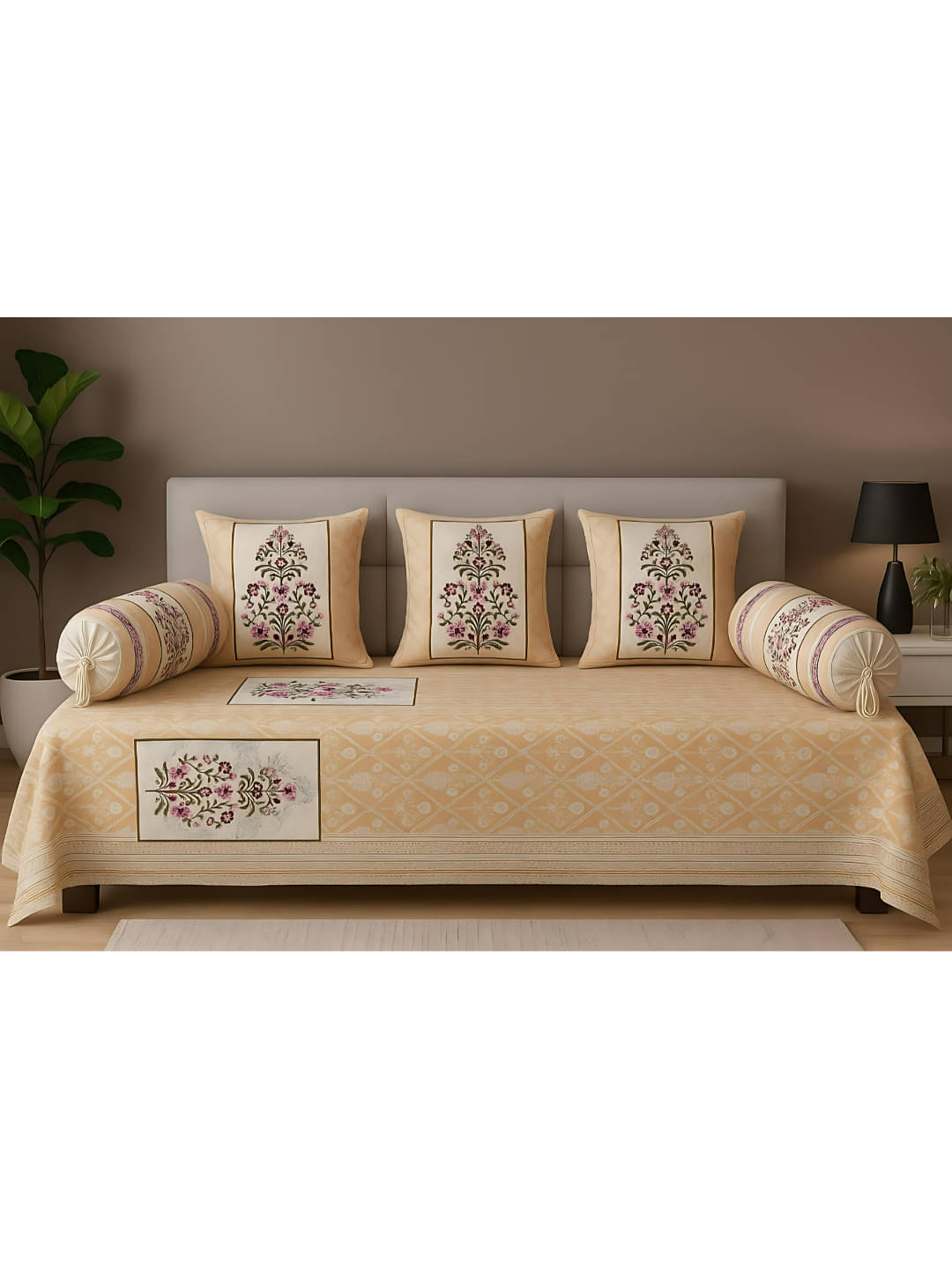     			UrbanArts Cotton Abstract Diwan Set 6 Pcs - Cream