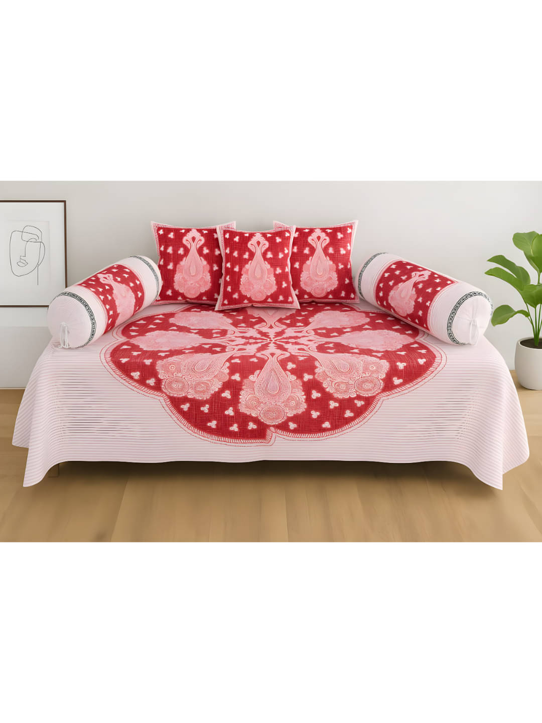     			UrbanArts Cotton Abstract Diwan Set 6 Pcs - Red
