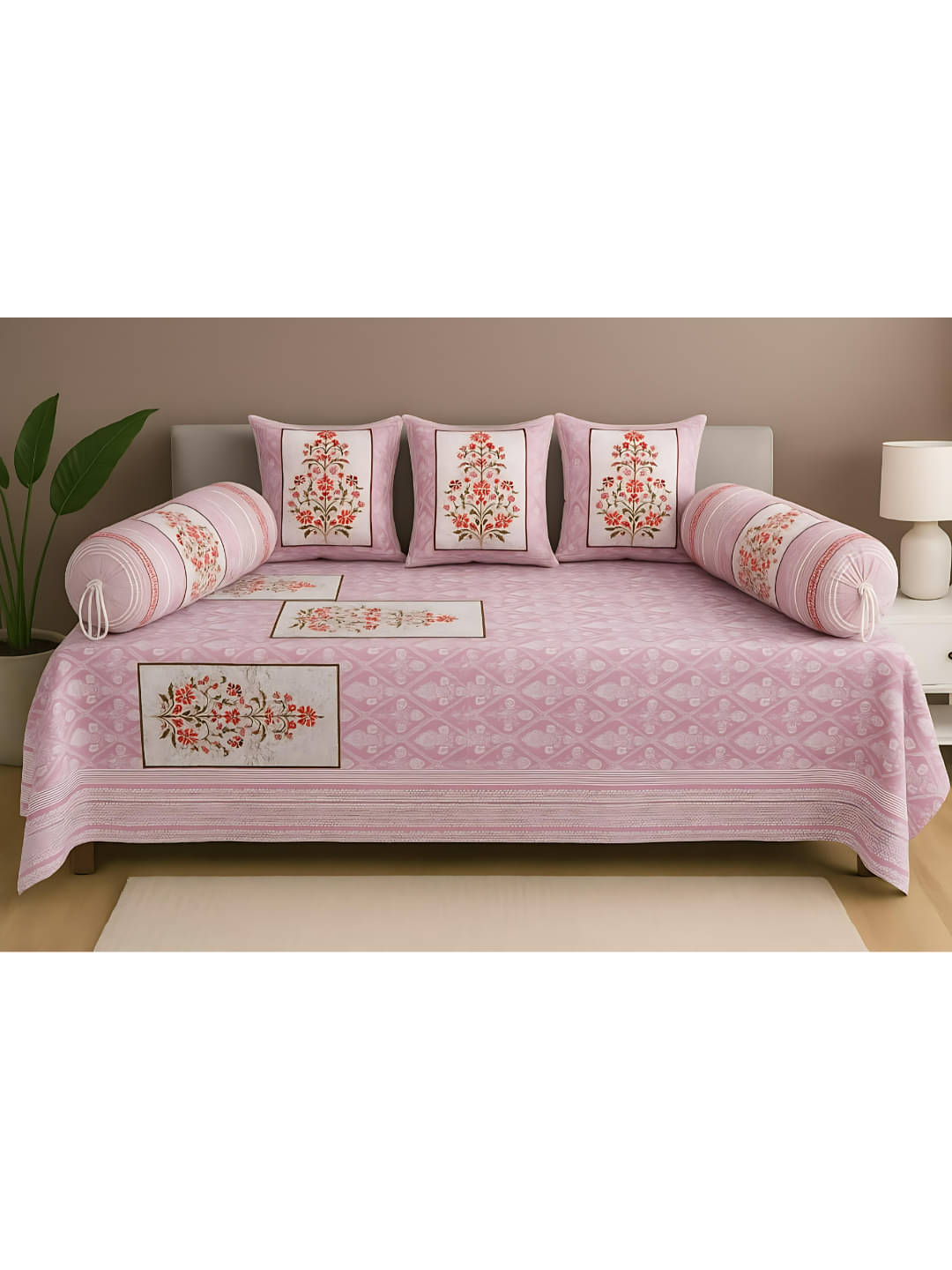     			UrbanArts Cotton Abstract Diwan Set 6 Pcs - Pink