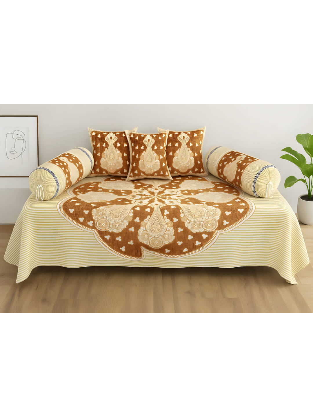     			UrbanArts Cotton Abstract Diwan Set 6 Pcs - Gold