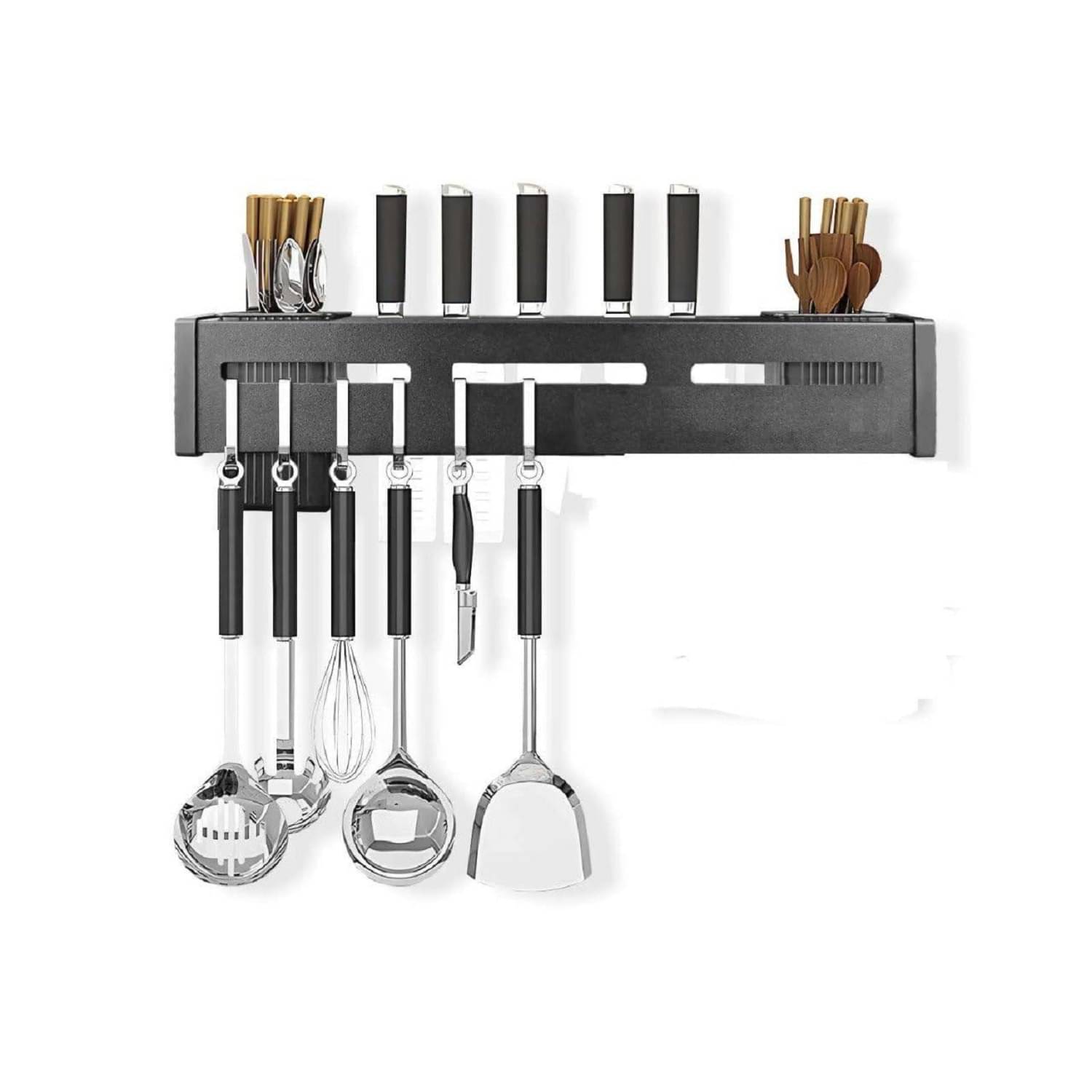     			Wall Mount Knife Holder 40cm – Kitchen Utensil Organizer Rack with Hooks & Storage Shelf, Stainless Steel Magnetic Knife Strip, Space-Saving Cutlery Holder for Knives, Spoons, & Tools