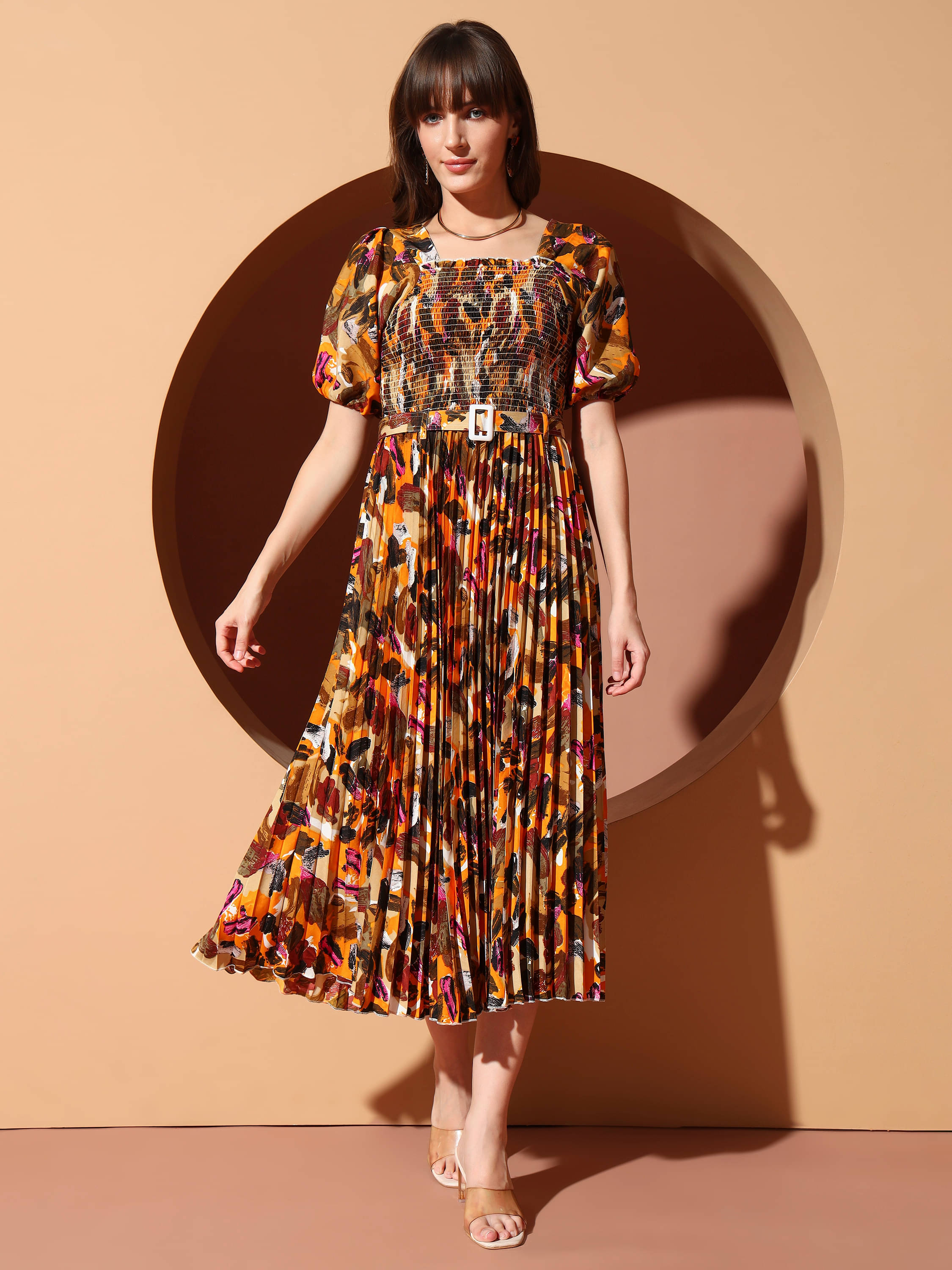 ZWERLON Women Polyester Printed A-line Dress ( Coffee ) ZWERLON Women Polyester Printed A-line Dress ( Coffee )