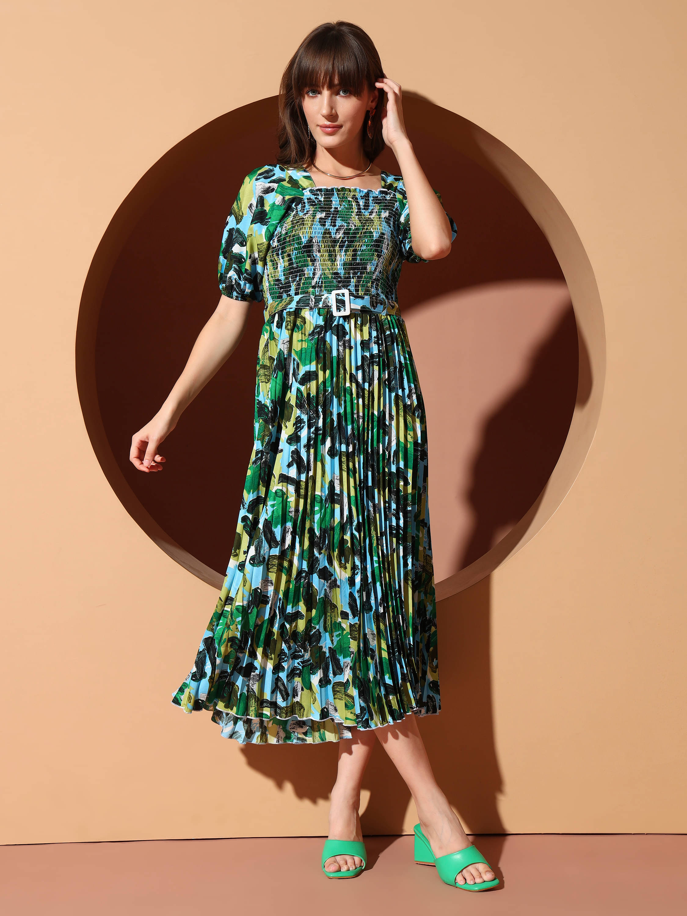     			ZWERLON Women Polyester Printed A-line Dress ( Green )