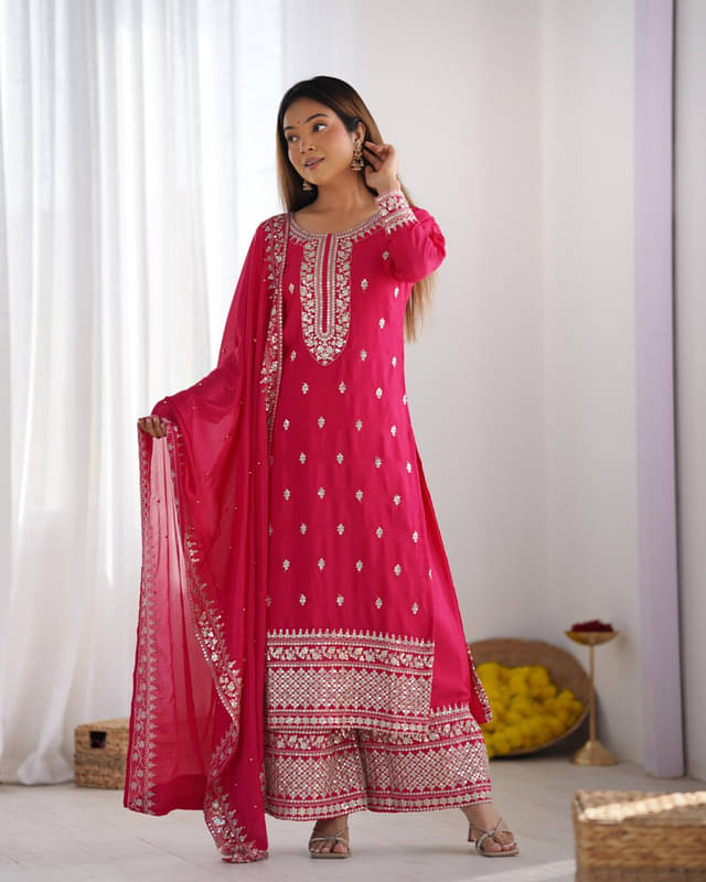 Garv Enterprises Women Silk Embroidered Straight Kurti With Pants ( Pink ) Garv Enterprises Women Silk Embroidered Straight Kurti With Pants ( Pink )