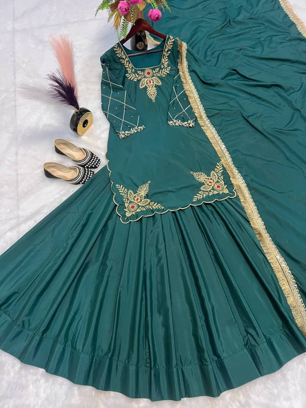     			Garv Enterprises Women Silk Embroidered Straight Kurti With Sharara And Gharara ( Teal )