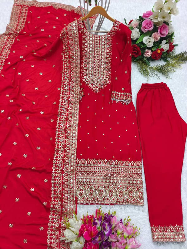 HEXA INFOSYS Women Silk Embroidered Straight Kurti With Pants ( Red ) HEXA INFOSYS Women Silk Embroidered Straight Kurti With Pants ( Red )