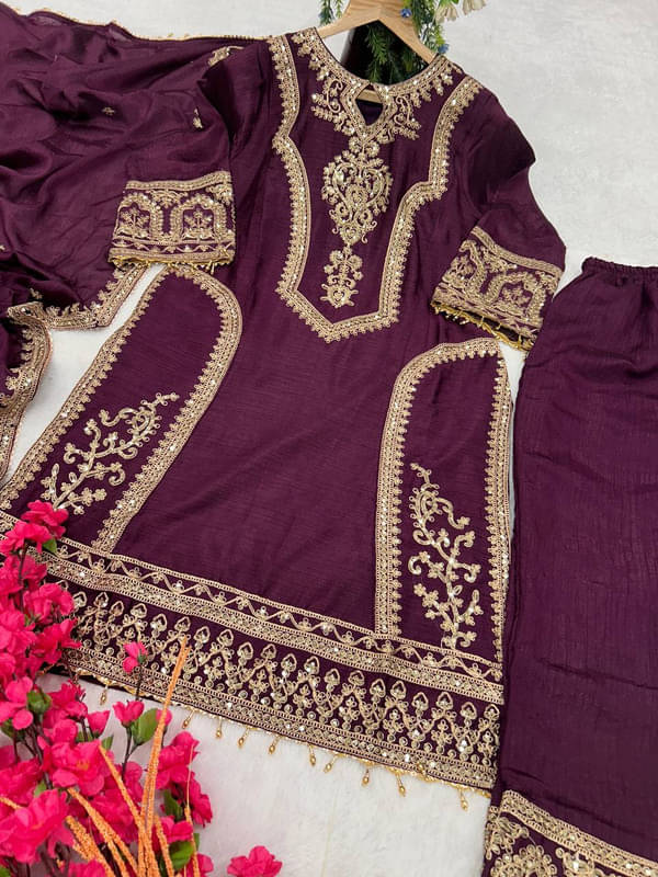 HEXA INFOSYS Women Silk Embroidered Straight Kurti With Pants ( Wine ) HEXA INFOSYS Women Silk Embroidered Straight Kurti With Pants ( Wine )