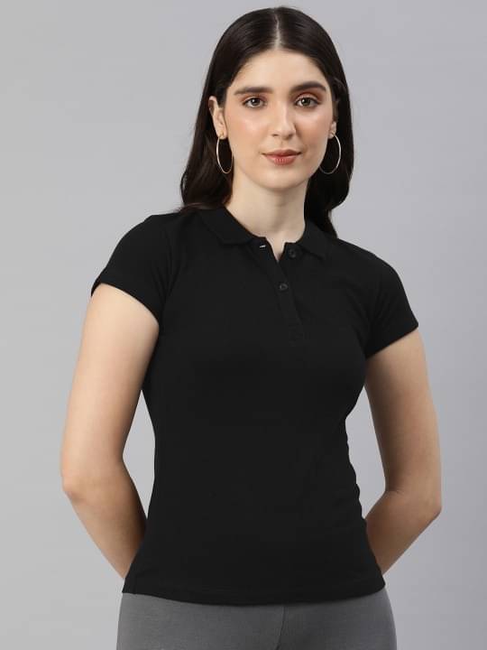 MAYKR Women Cotton Blend Solid Regular Fit Polo Collar T-Shirt ( Black ) MAYKR Women Cotton Blend Solid Regular Fit Polo Collar T-Shirt ( Black )