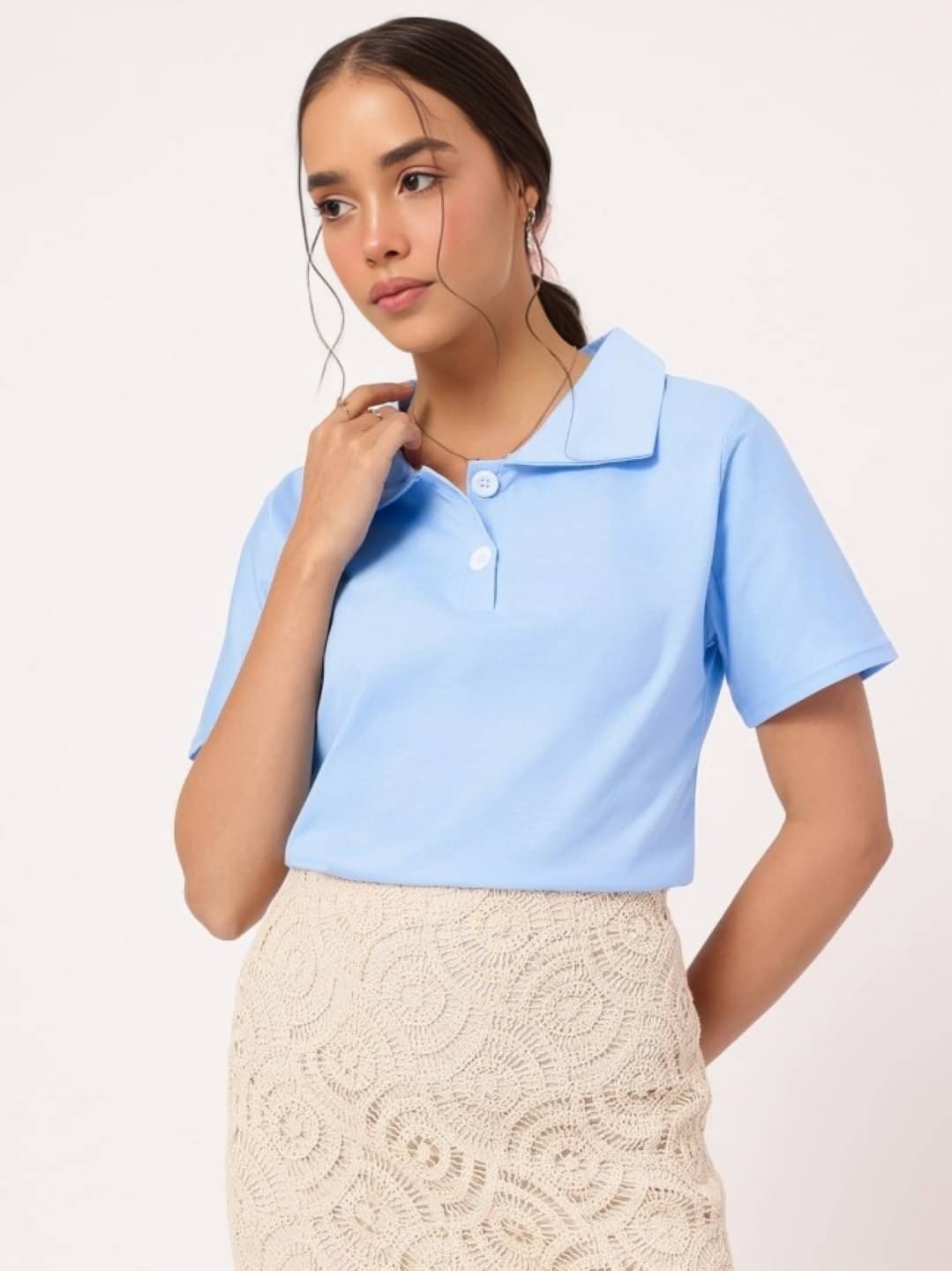 MAYKR Women Cotton Blend Solid Regular Fit Polo Collar T-Shirt ( Blue ) MAYKR Women Cotton Blend Solid Regular Fit Polo Collar T-Shirt ( Blue )
