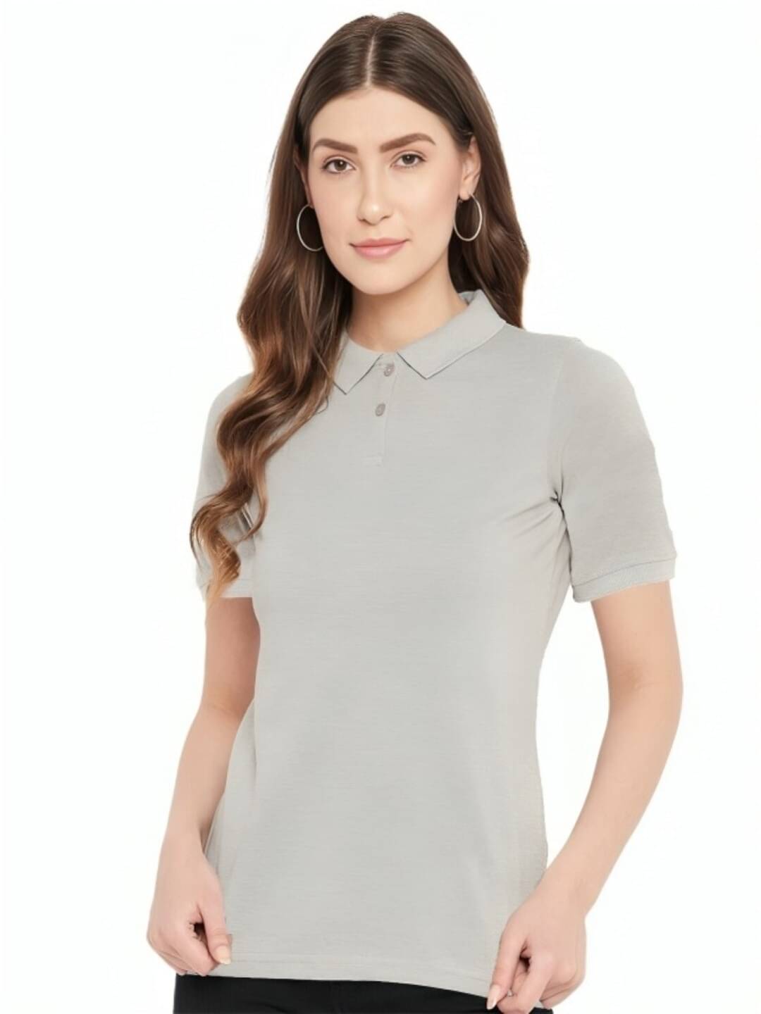 MAYKR Women Cotton Blend Solid Regular Fit Polo Collar T-Shirt ( Grey )     			MAYKR Women Cotton Blend Solid Regular Fit Polo Collar T-Shirt ( Grey )