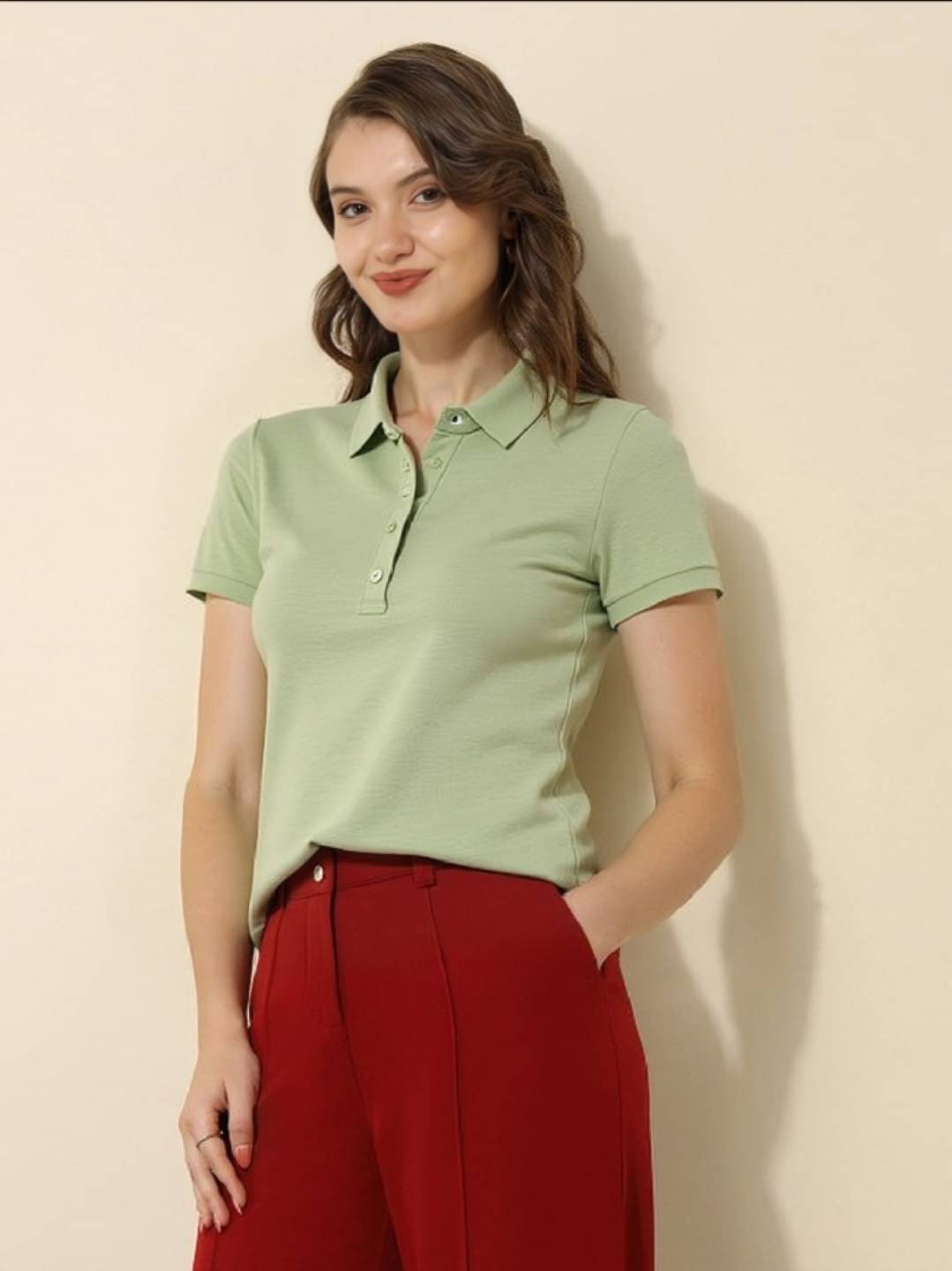     			MAYKR Women Cotton Blend Solid Regular Fit Polo Collar T-Shirt ( Mint Green )