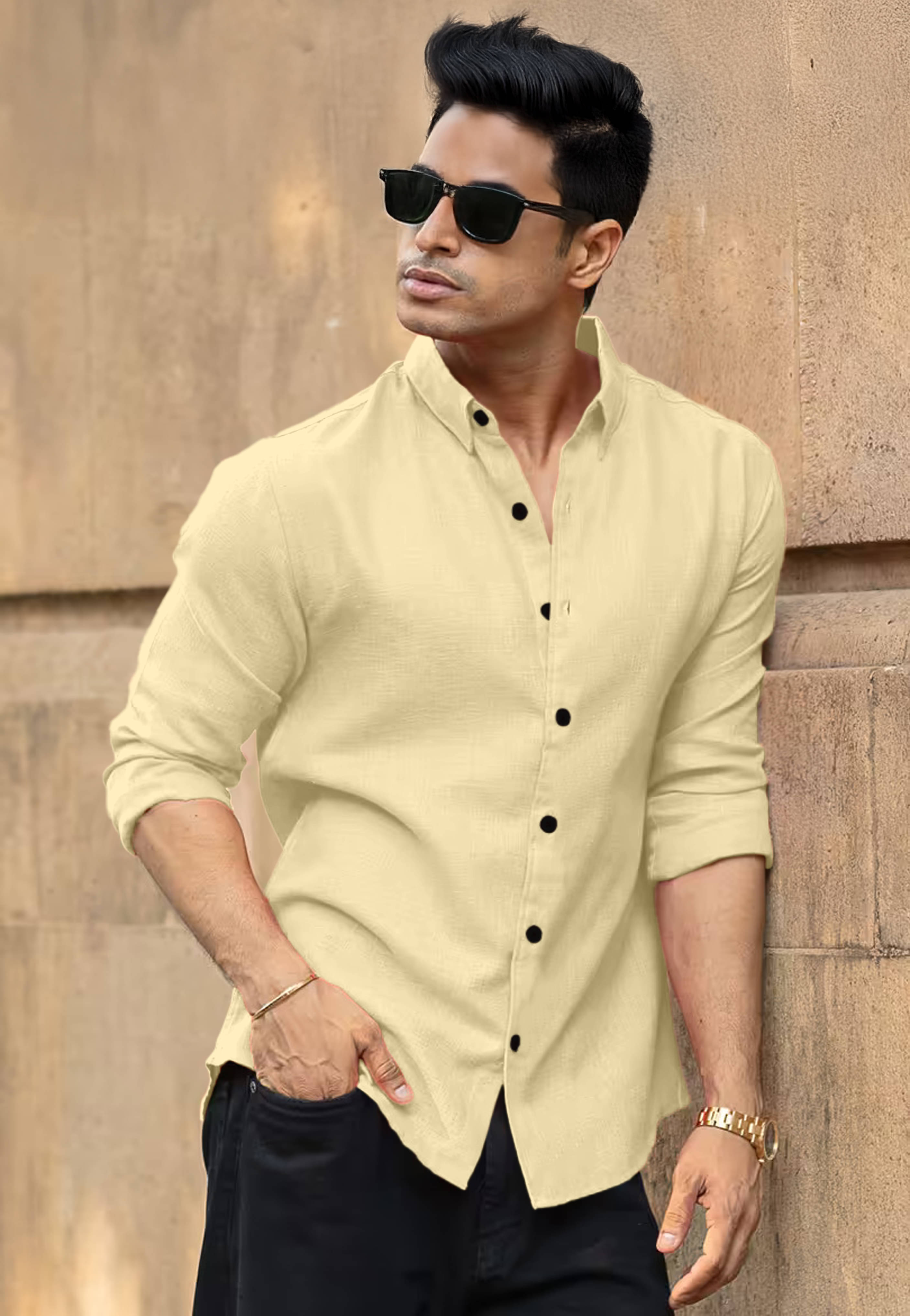     			Mameru Linen Regular Fit Self Design Full Sleeves Men's Casual Shirt - Yellow ( Pack of 1 )