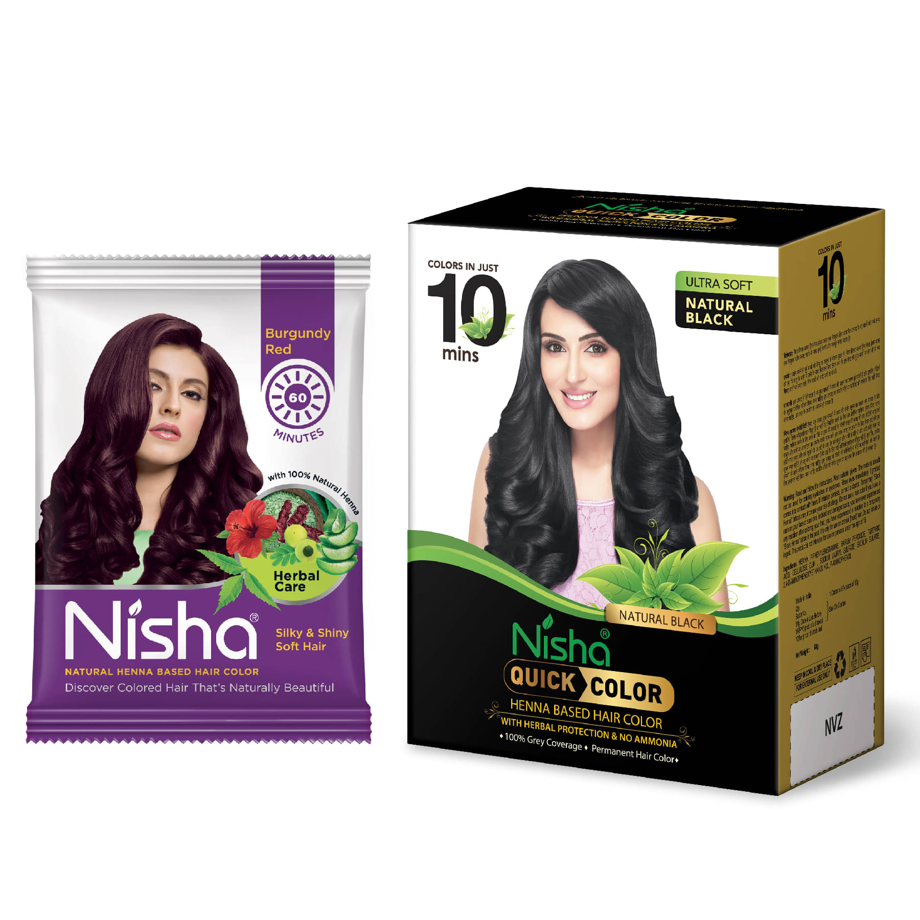     			Nisha Henna Based Hair Colour Burgundy 15g Pack of 10 and 10 Minutes Quick Color Natural Black Hair Colour 60g
