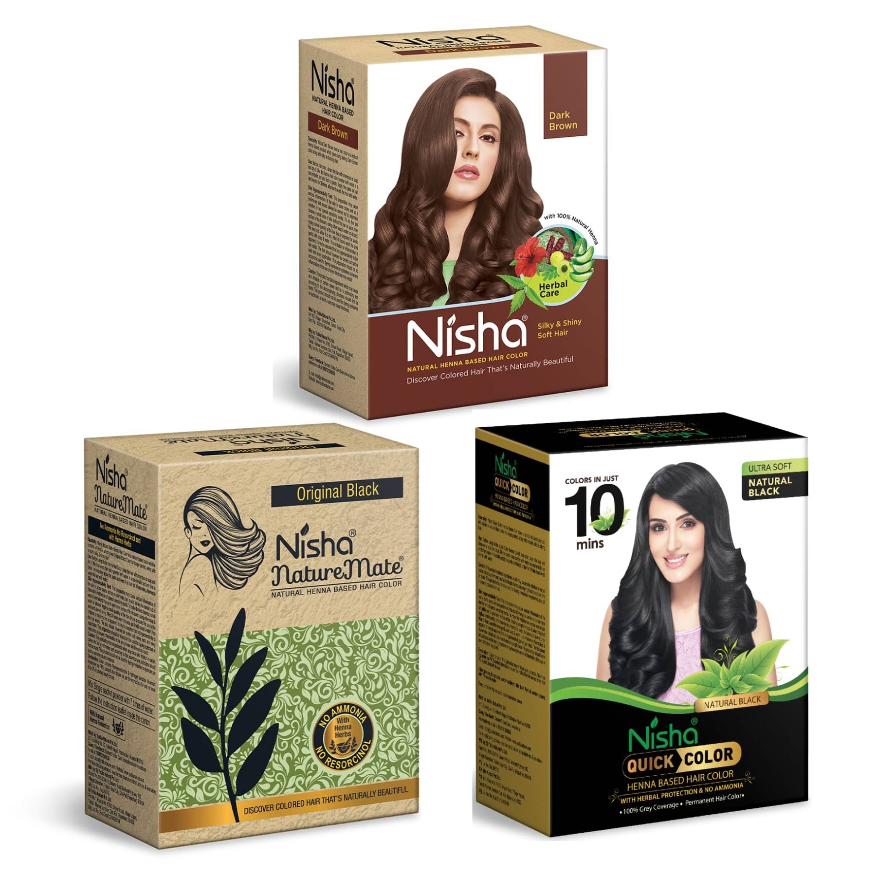     			Nisha Henna Hair Colour Combo Pack Dark Brown 60g, Original Black 60g and Quick Hair Colour Natural Black Hair Dye 60g
