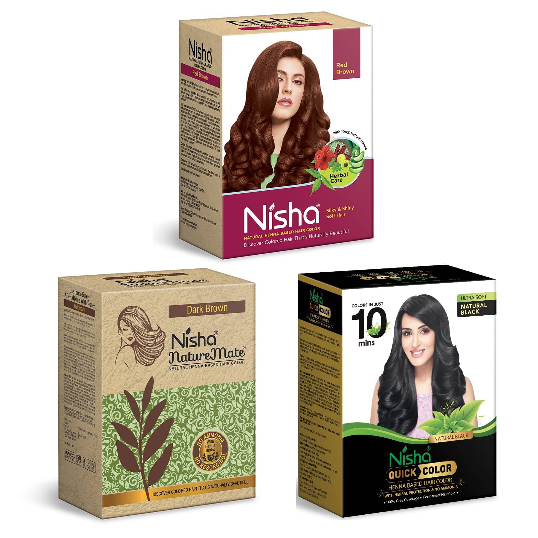     			Nisha Henna Hair Colour Combo Pack Red Brown 90g, Dark Brown 60g and Quick Hair Colour Natural Black Hair Dye 60g